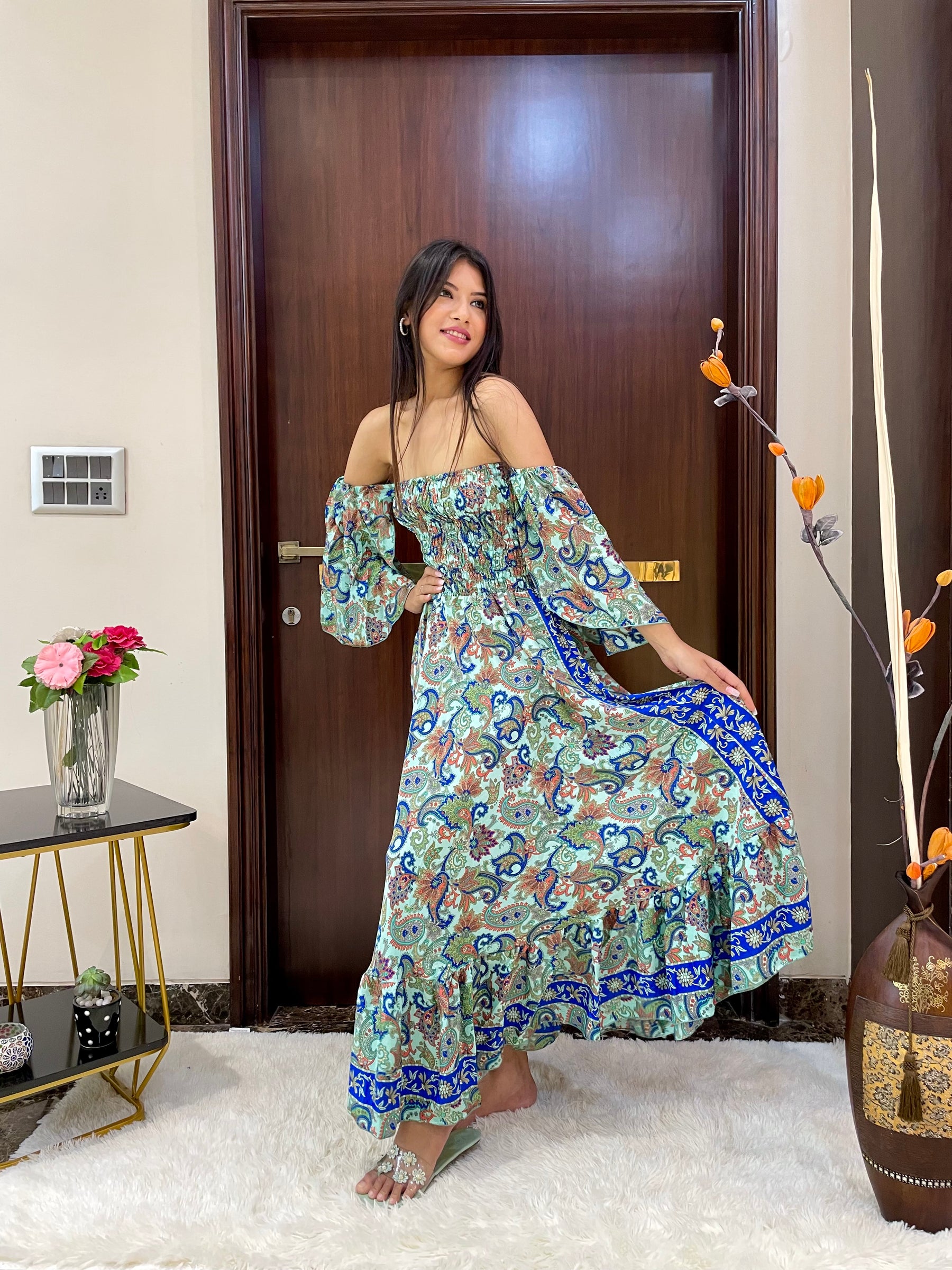 Off- Shoulder Boho Printed Maxi Dress - Seafoam Serenade