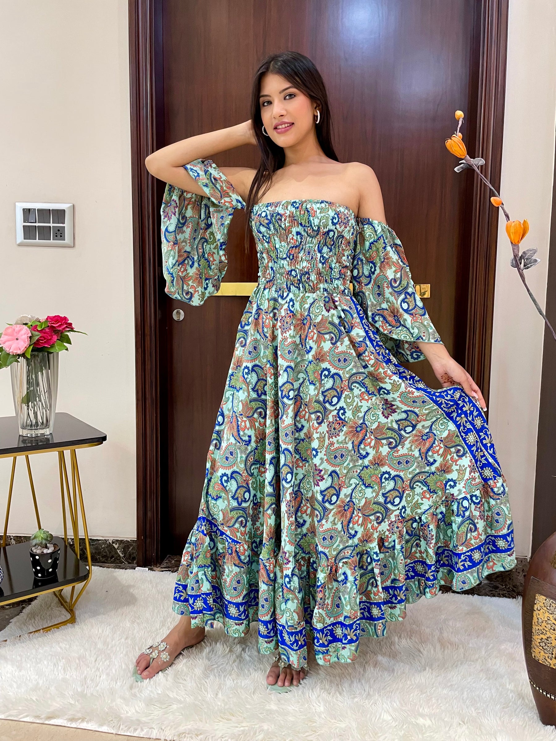 Off- Shoulder Boho Printed Maxi Dress - Seafoam Serenade