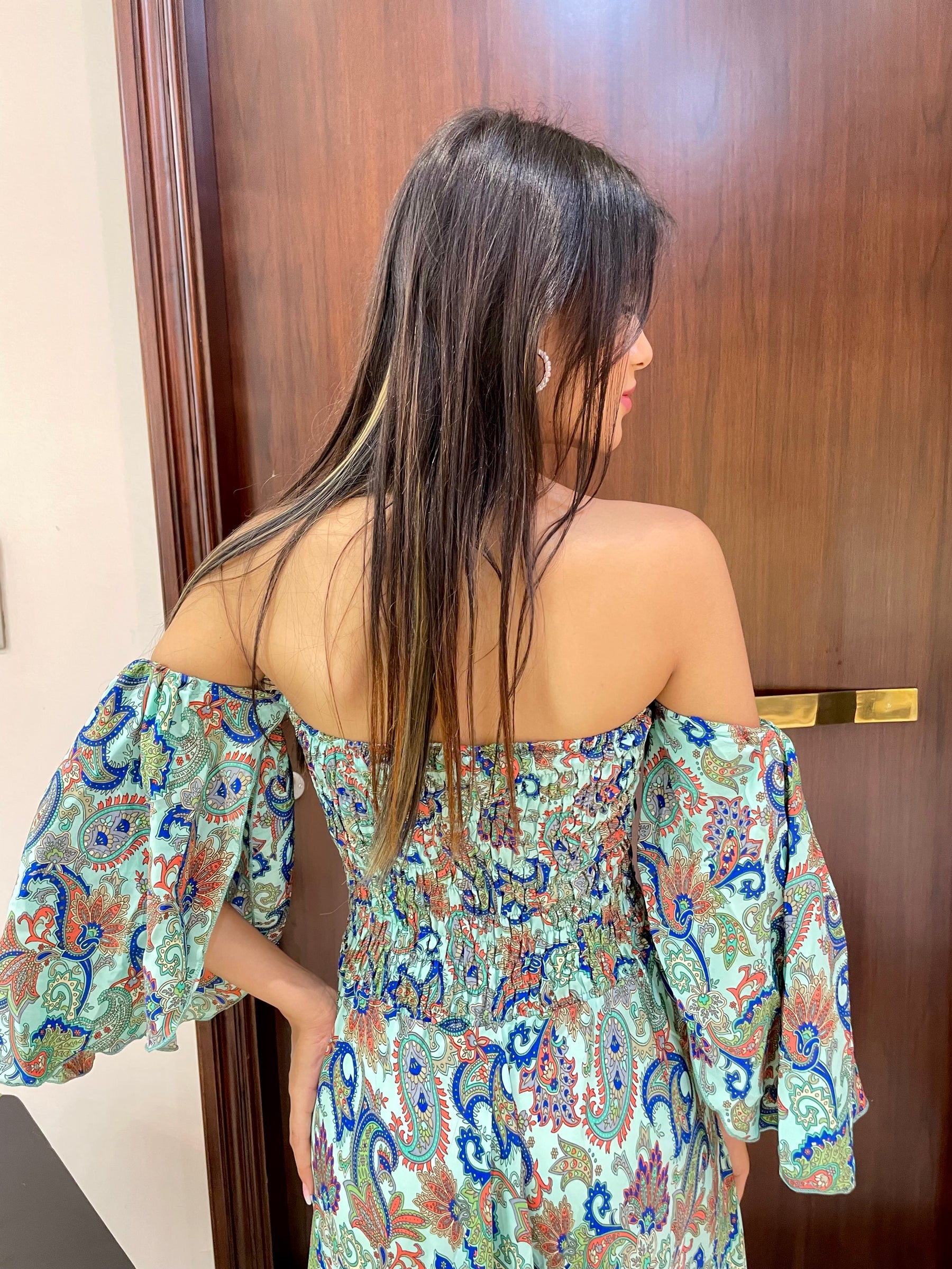 Off- Shoulder Boho Printed Maxi Dress - Seafoam Serenade