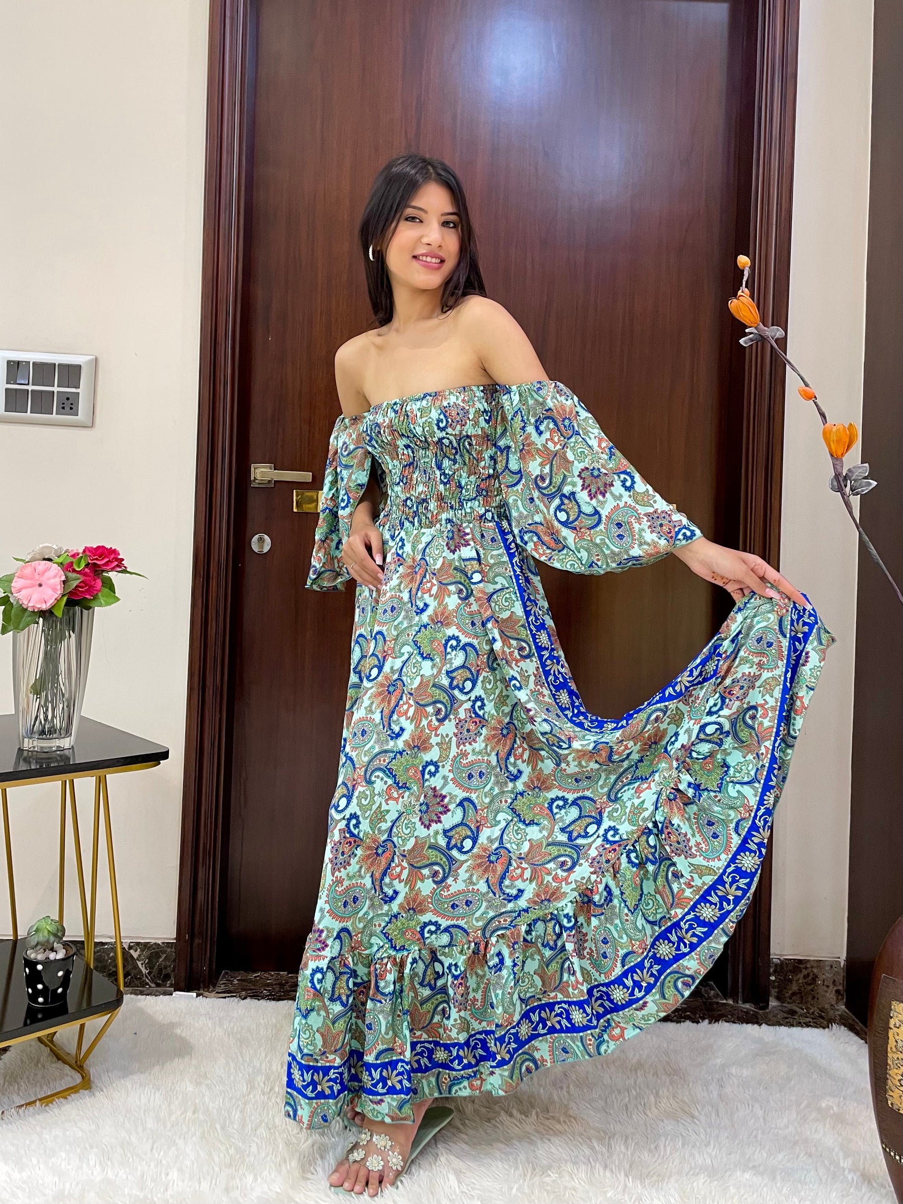 Off- Shoulder Boho Printed Maxi Dress - Seafoam Serenade