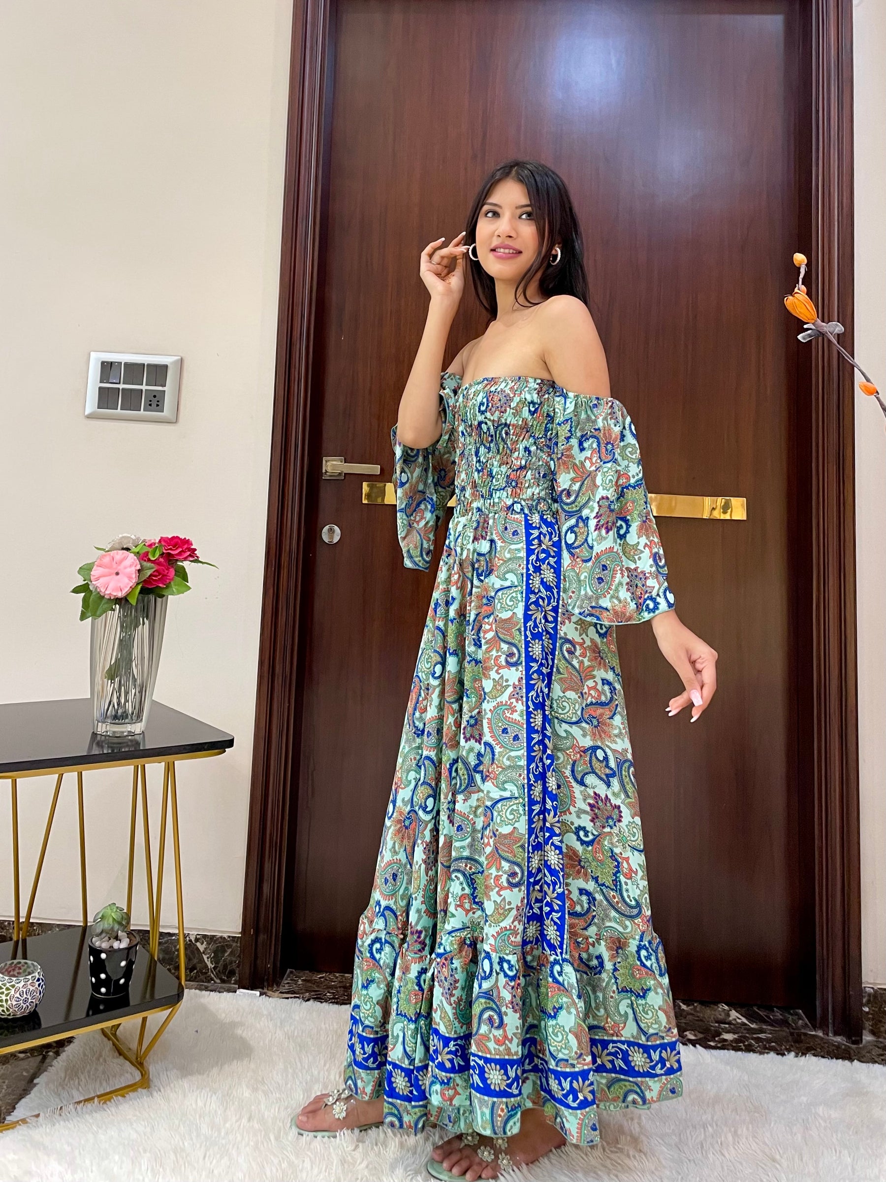 Off- Shoulder Boho Printed Maxi Dress - Seafoam Serenade