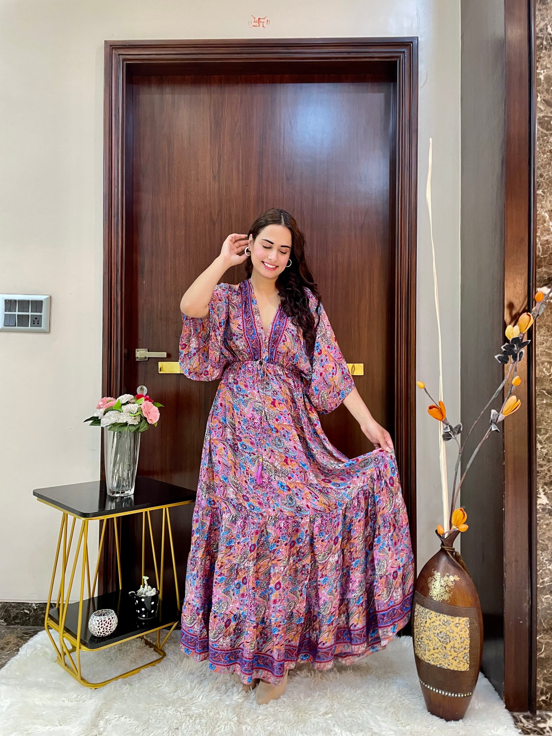 Kaftan pattern boho foil printed maxi dress in Pink