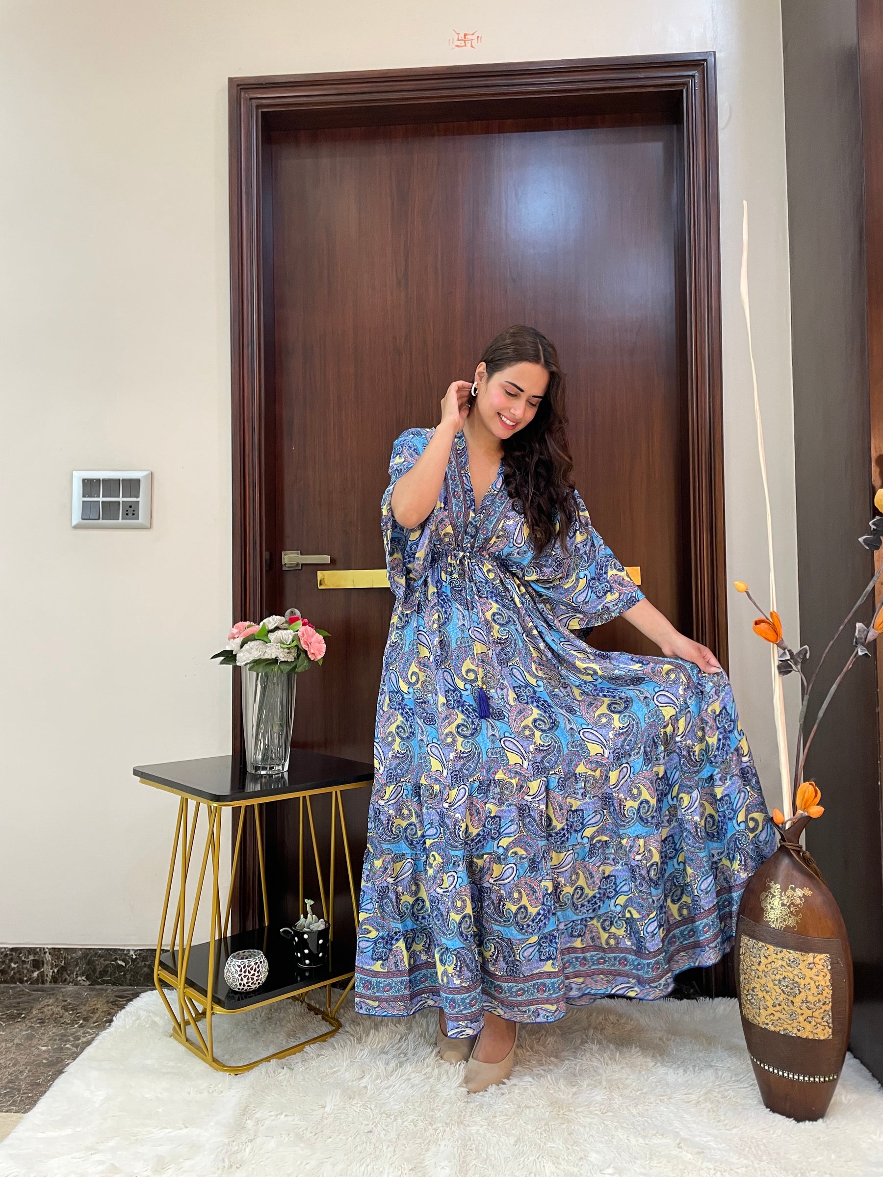 Kaftan pattern boho foil printed maxi dress in Blue