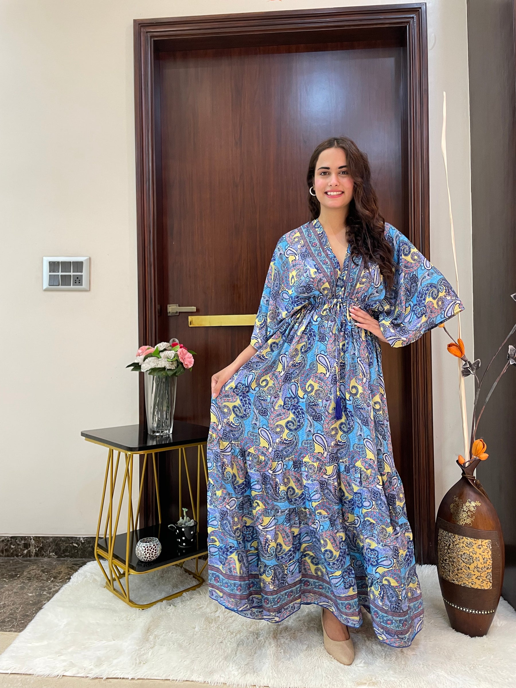 Kaftan pattern boho foil printed maxi dress in Blue