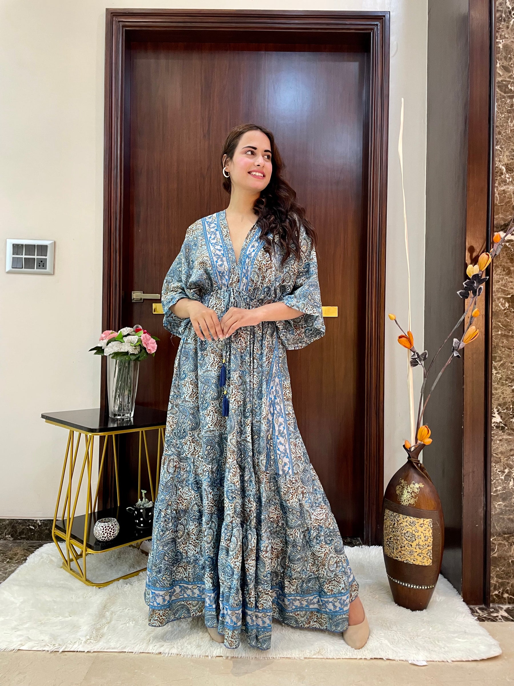 Kaftan pattern boho foil printed maxi dress Azure Earth Tones
