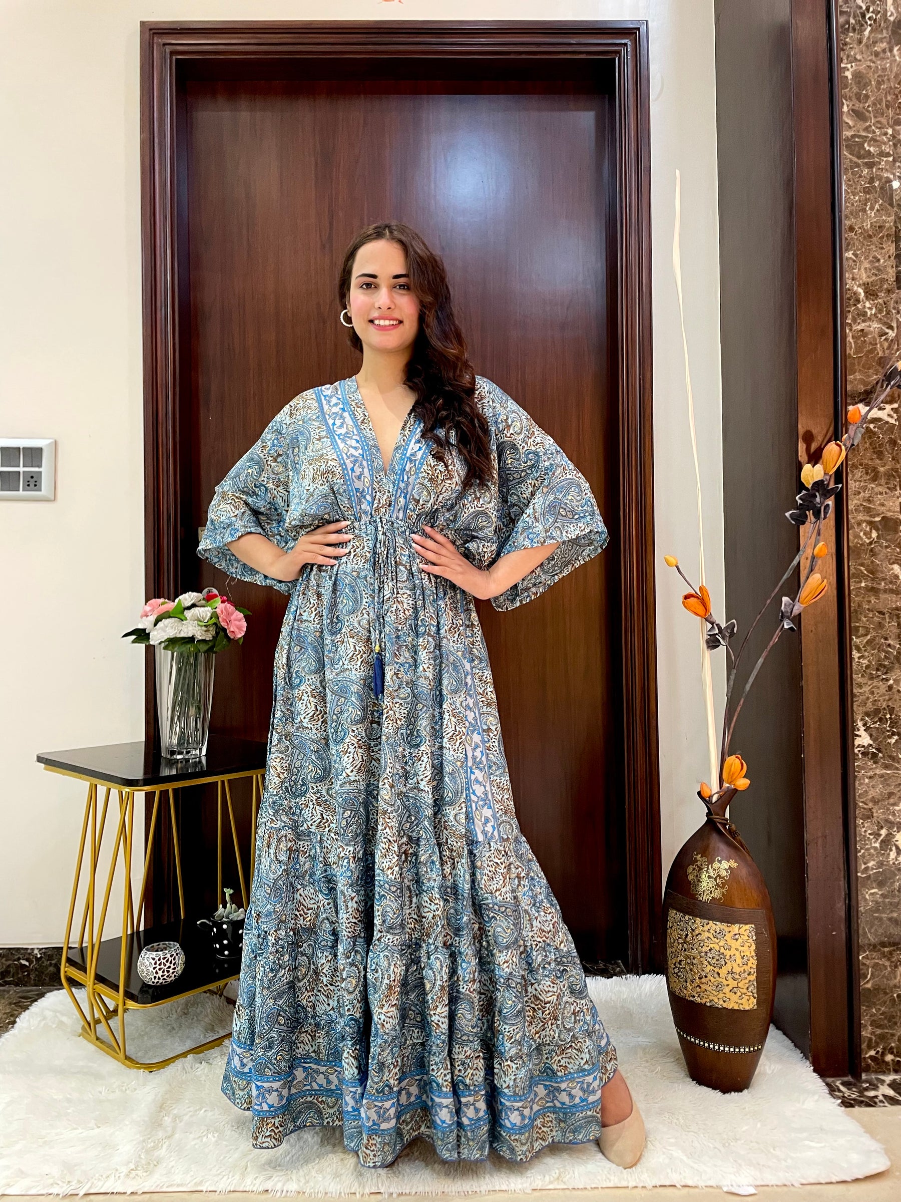 Kaftan pattern boho foil printed maxi dress Azure Earth Tones