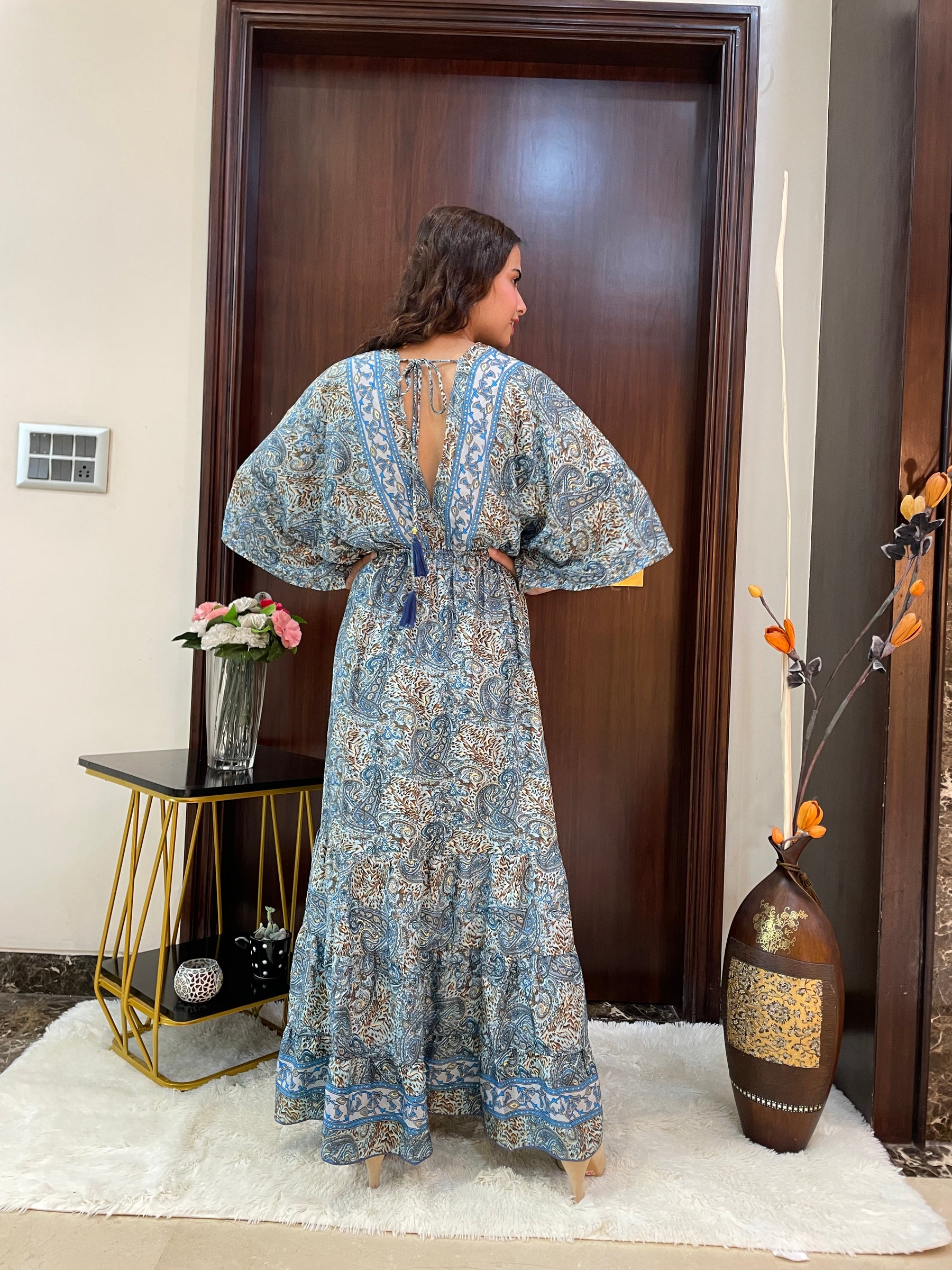 Kaftan pattern boho foil printed maxi dress Azure Earth Tones