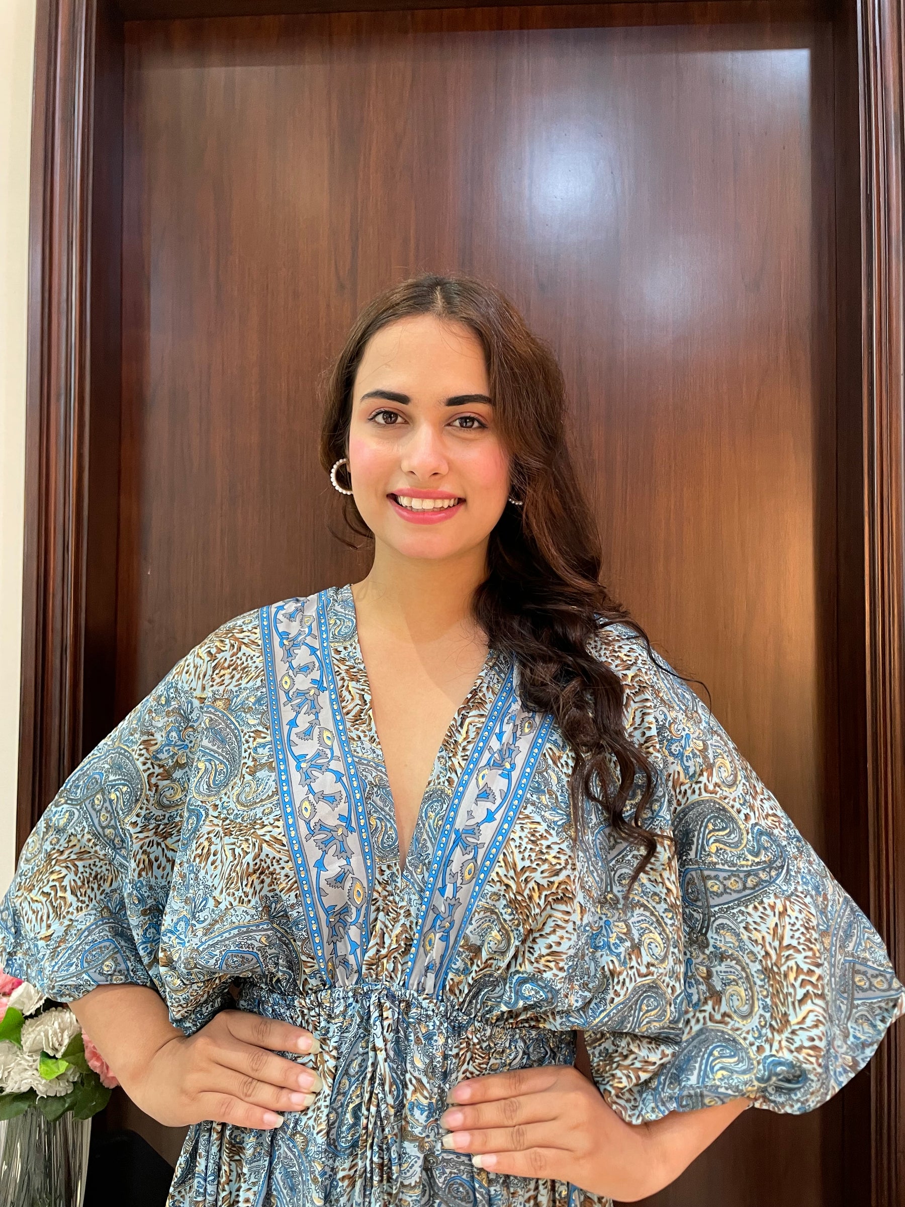 Kaftan pattern boho foil printed maxi dress Azure Earth Tones