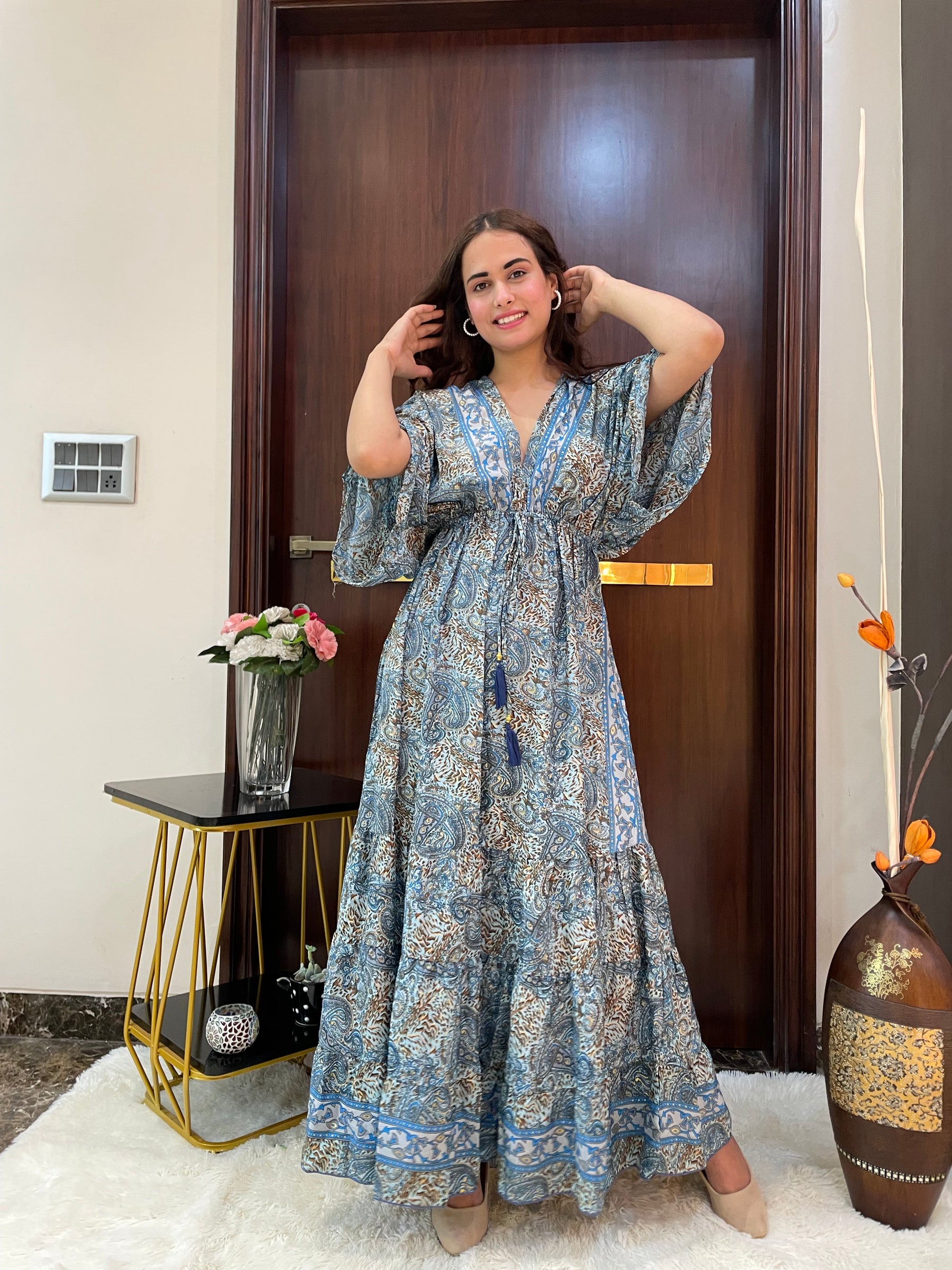 Kaftan pattern boho foil printed maxi dress Azure Earth Tones