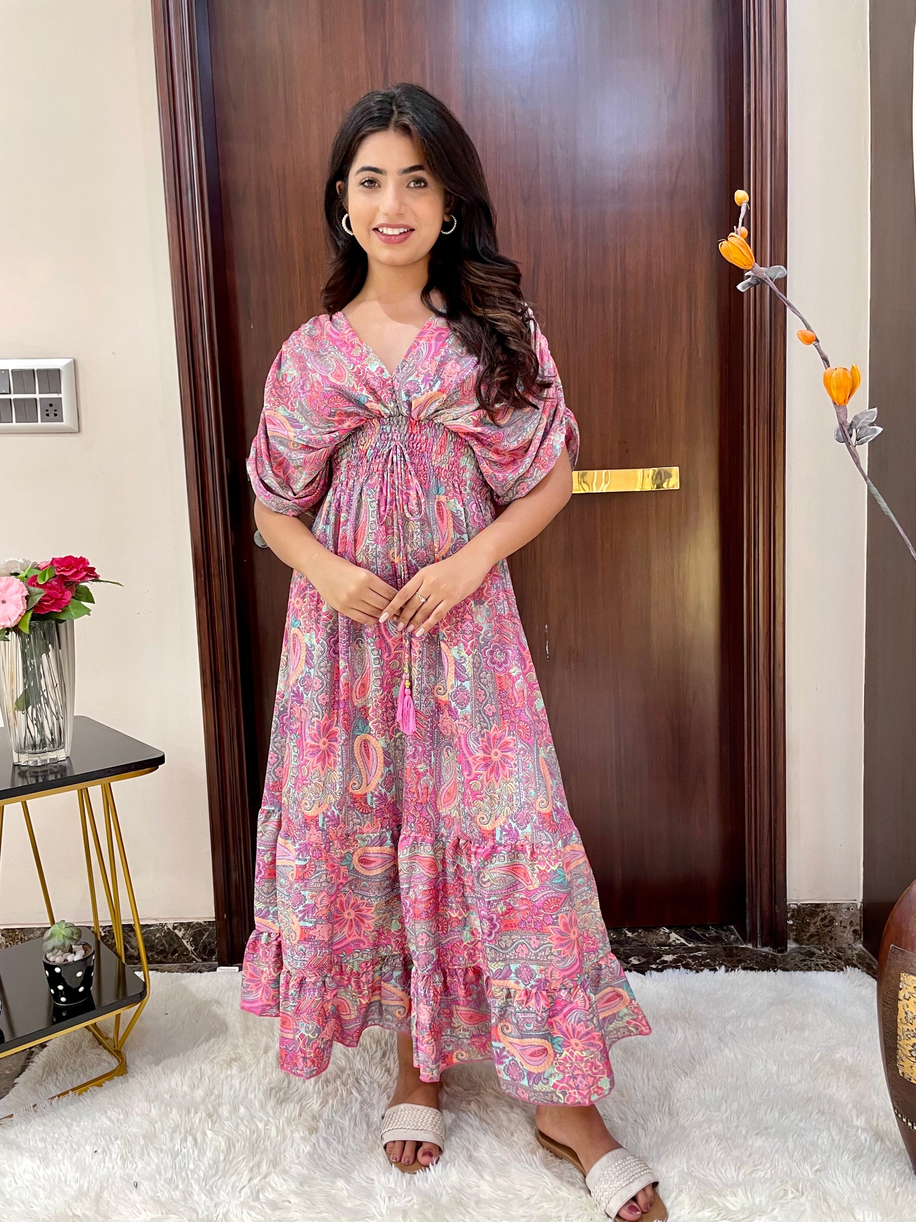 Balloon Pattern Boho Printed Maxi Dress - Pastel Pink