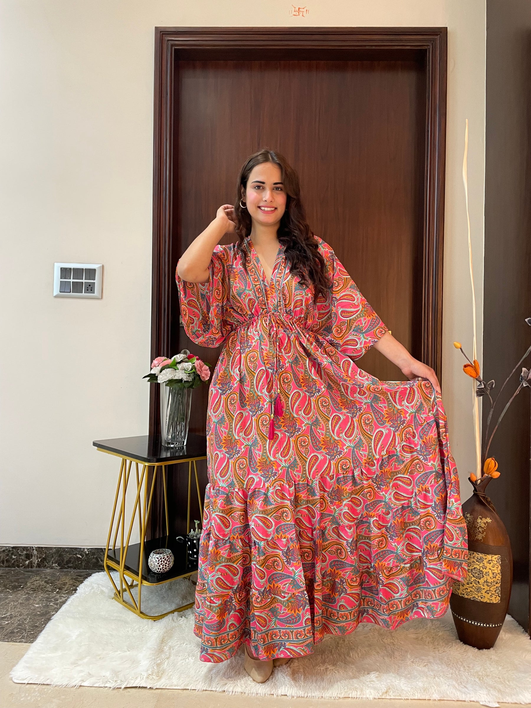 Kaftan pattern boho foil printed maxi dress in Sun-kissed Mirage