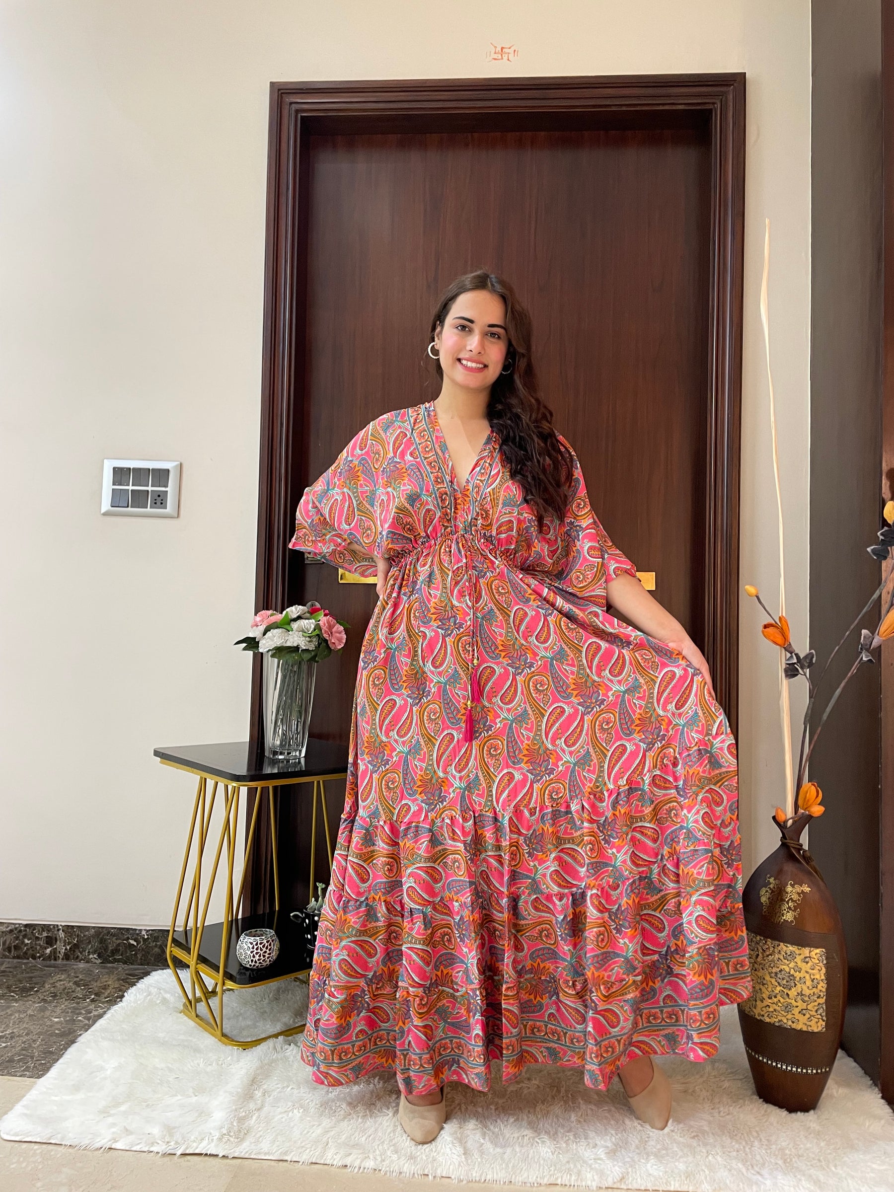 Kaftan pattern boho foil printed maxi dress in Sun-kissed Mirage