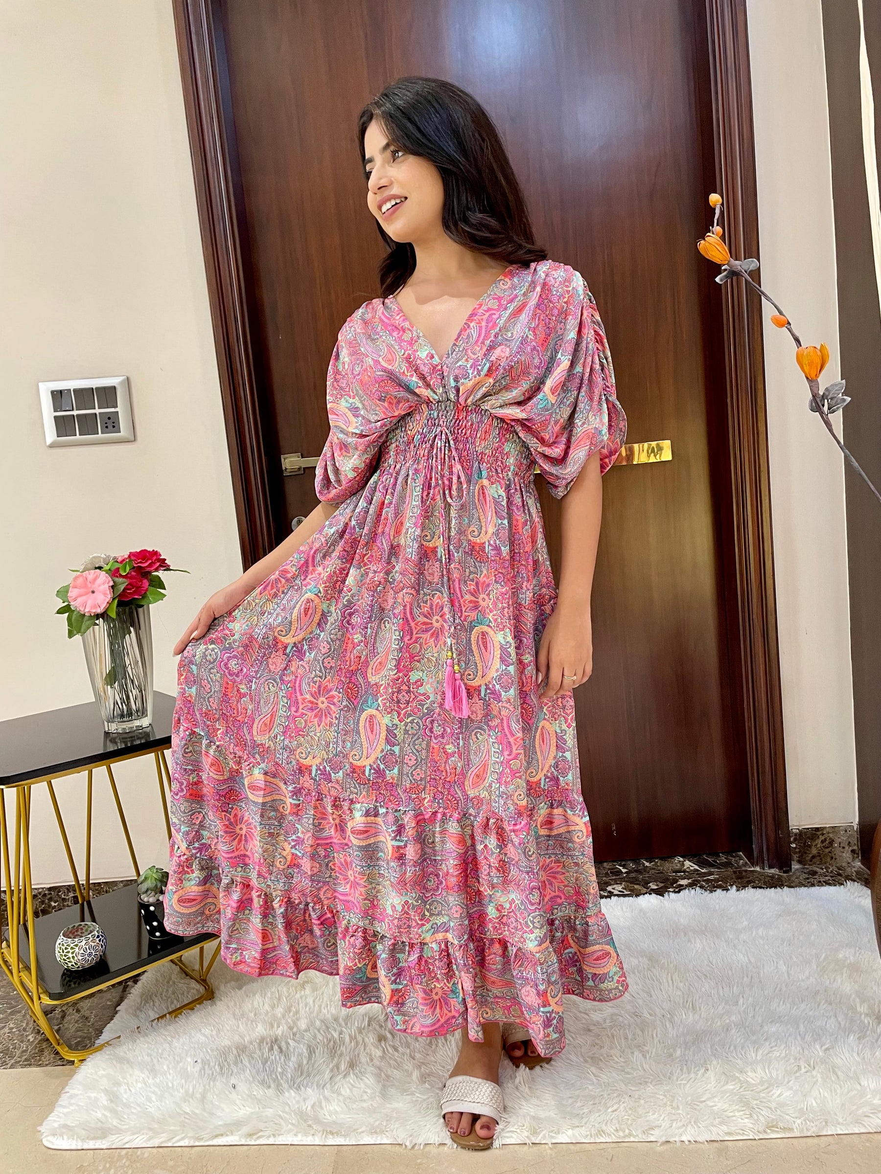 Balloon Pattern Boho Printed Maxi Dress - Pastel Pink