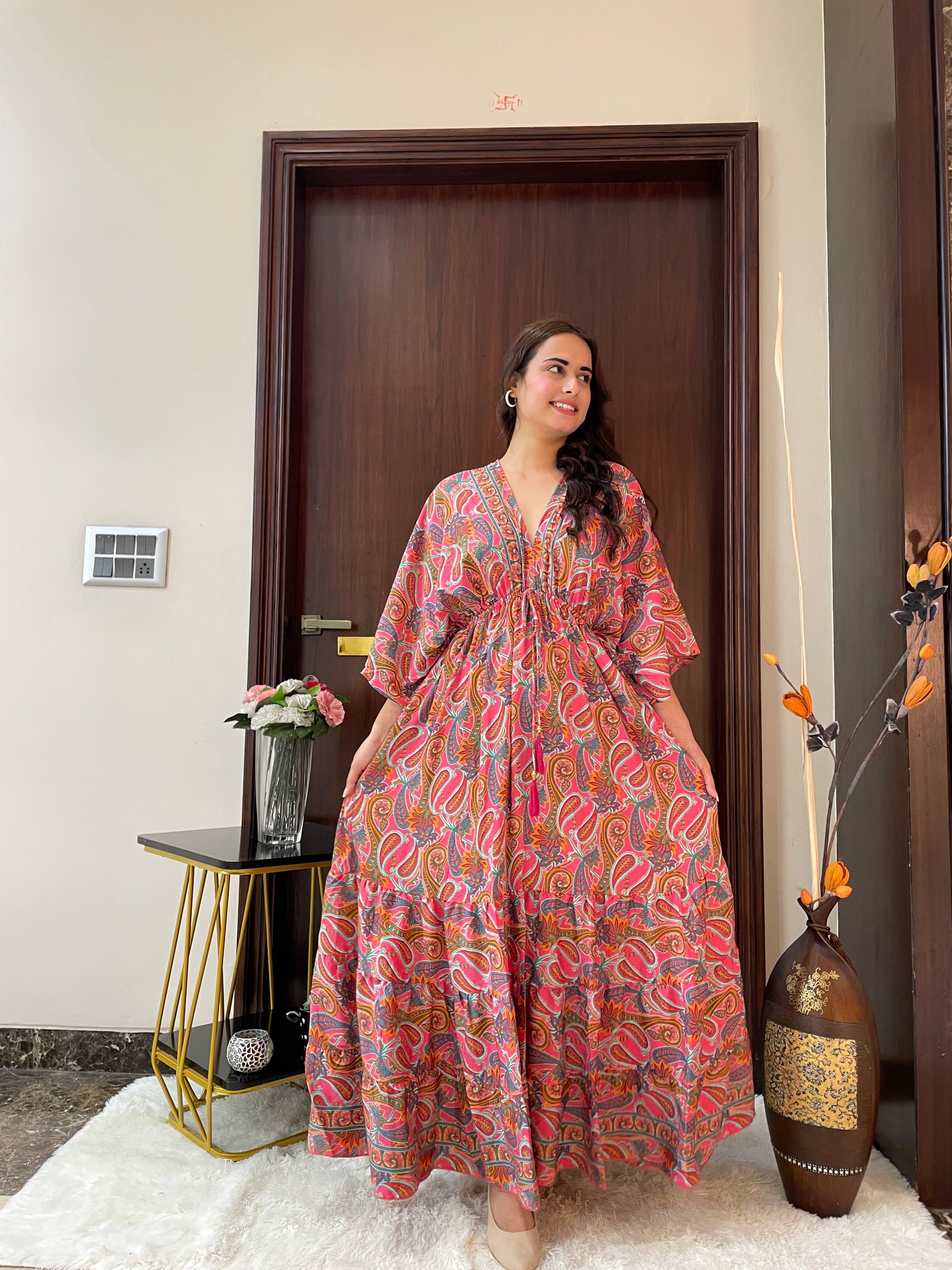 Kaftan pattern boho foil printed maxi dress in Sun-kissed Mirage