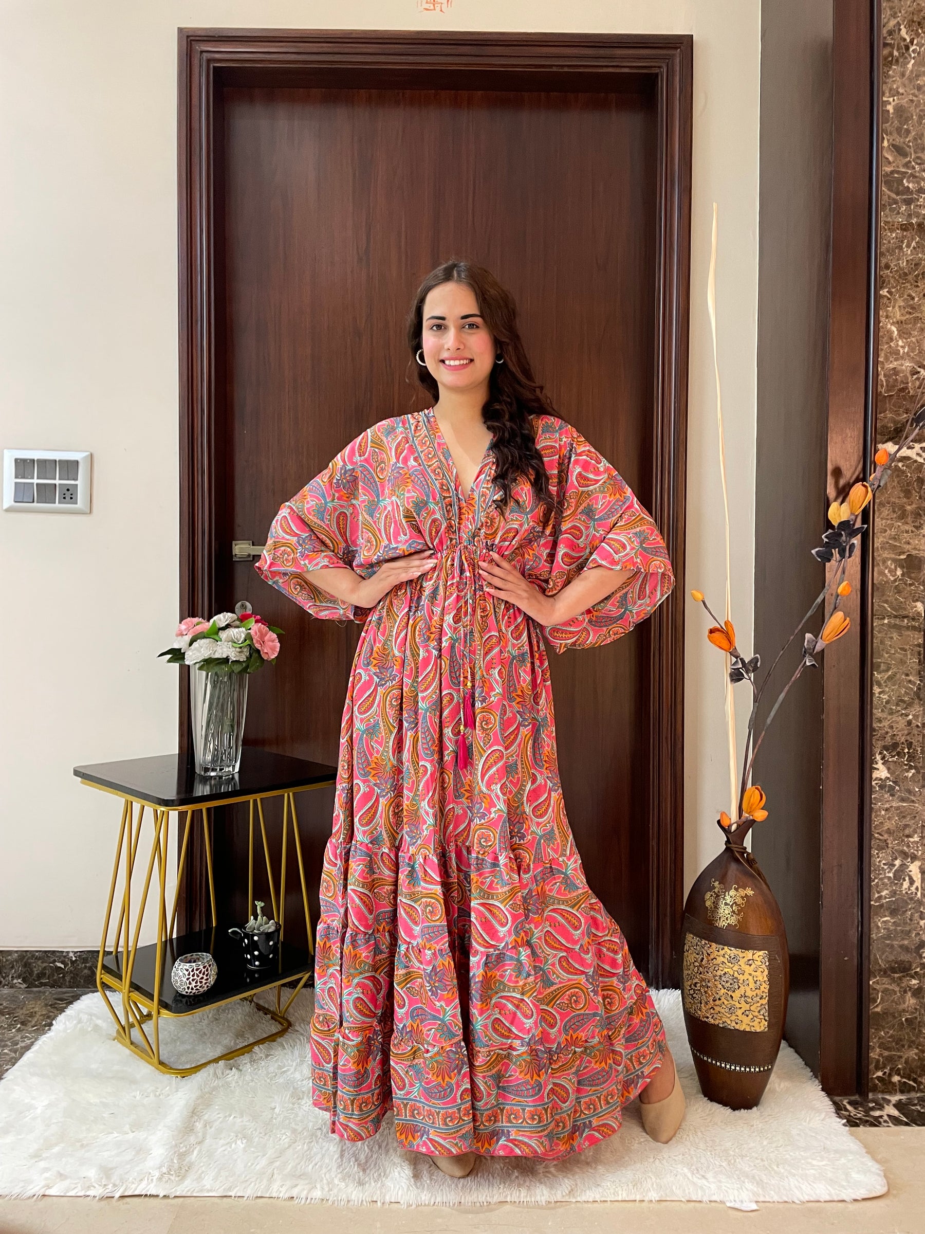 Kaftan pattern boho foil printed maxi dress in Sun-kissed Mirage