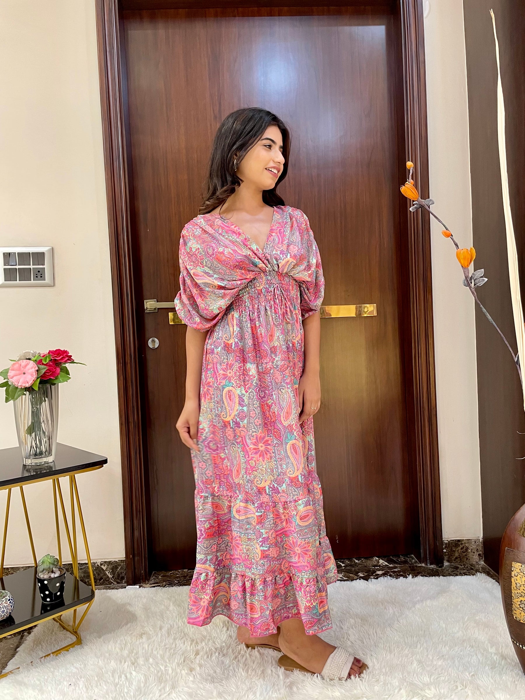 Balloon Pattern Boho Printed Maxi Dress - Pastel Pink