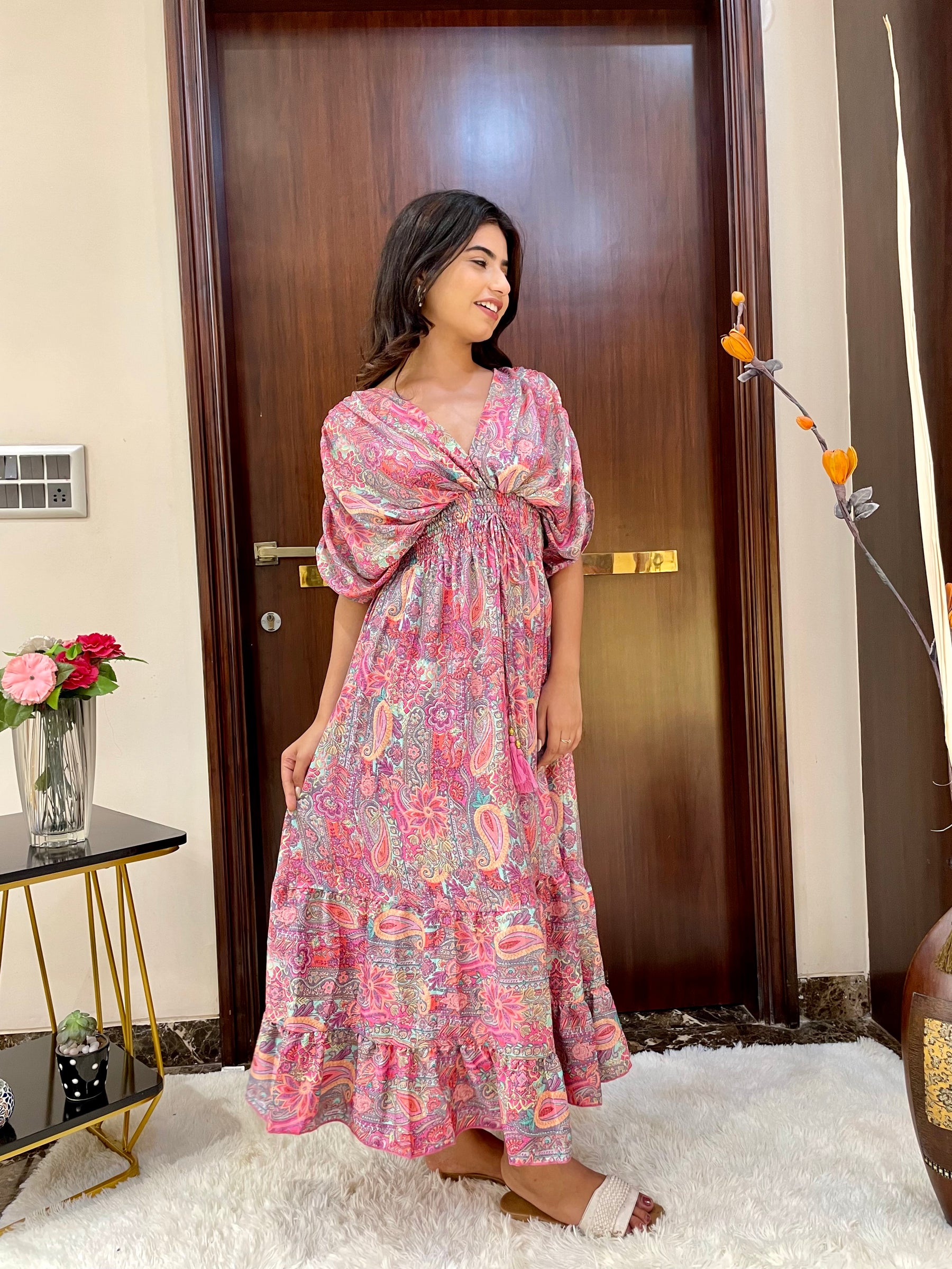 Balloon Pattern Boho Printed Maxi Dress - Pastel Pink