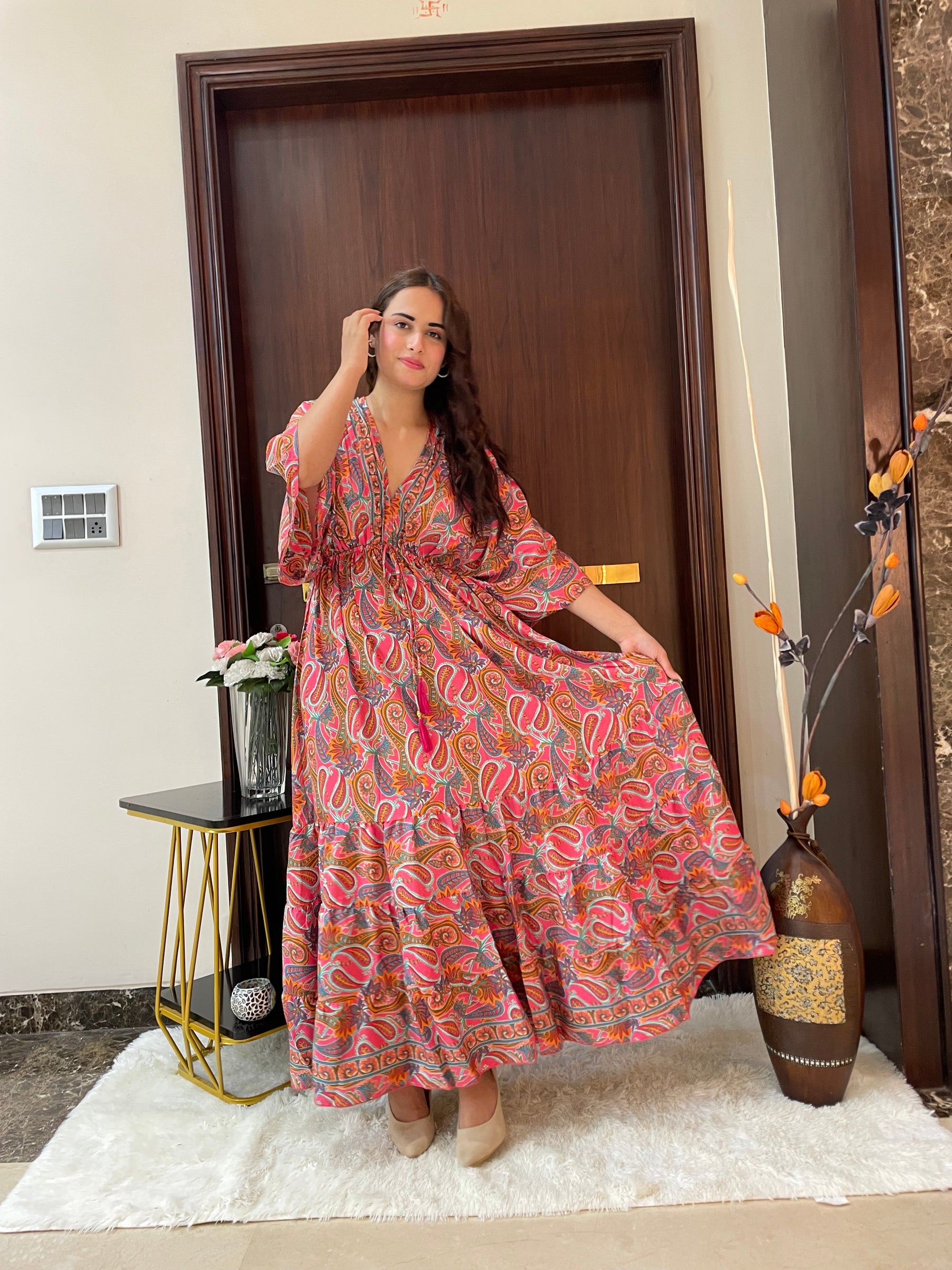 Kaftan pattern boho foil printed maxi dress in Sun-kissed Mirage