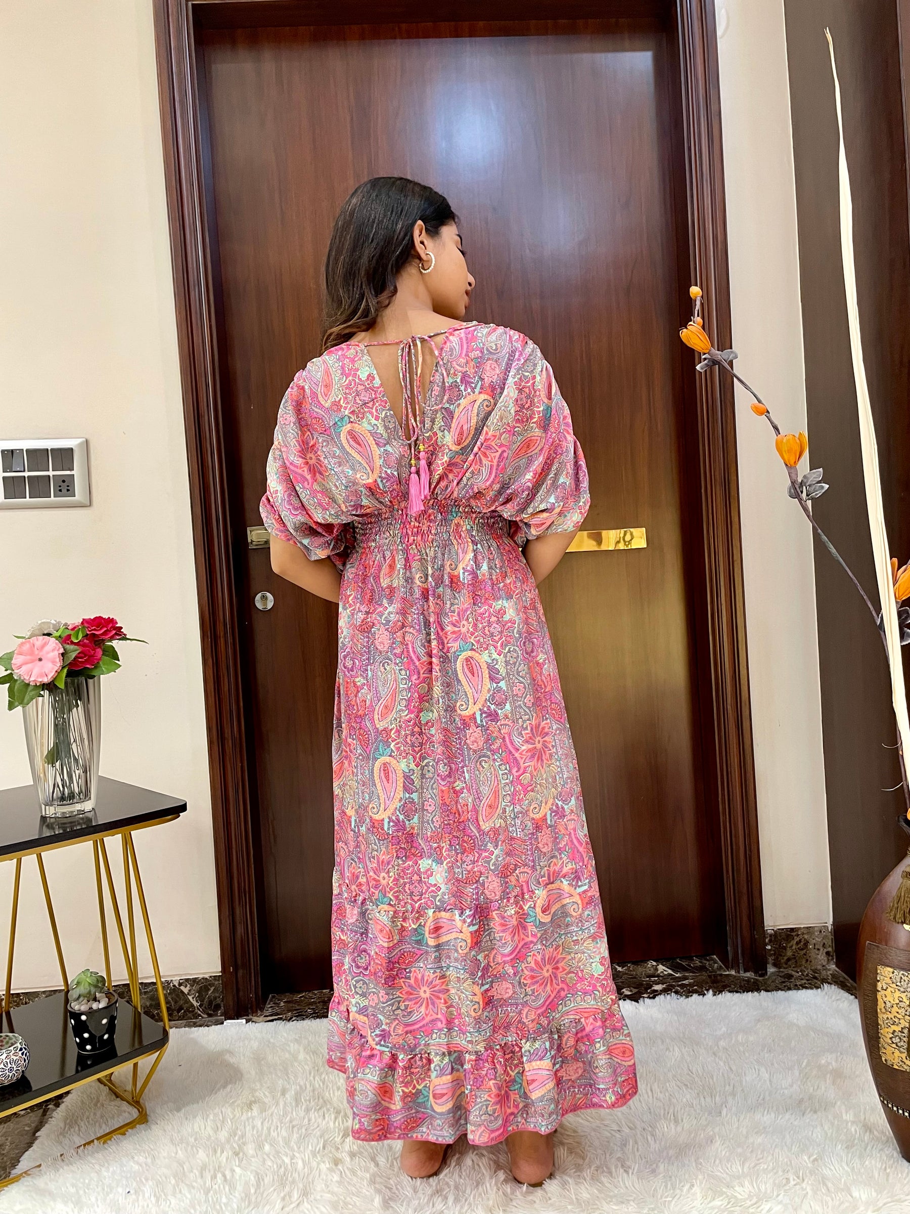 Balloon Pattern Boho Printed Maxi Dress - Pastel Pink