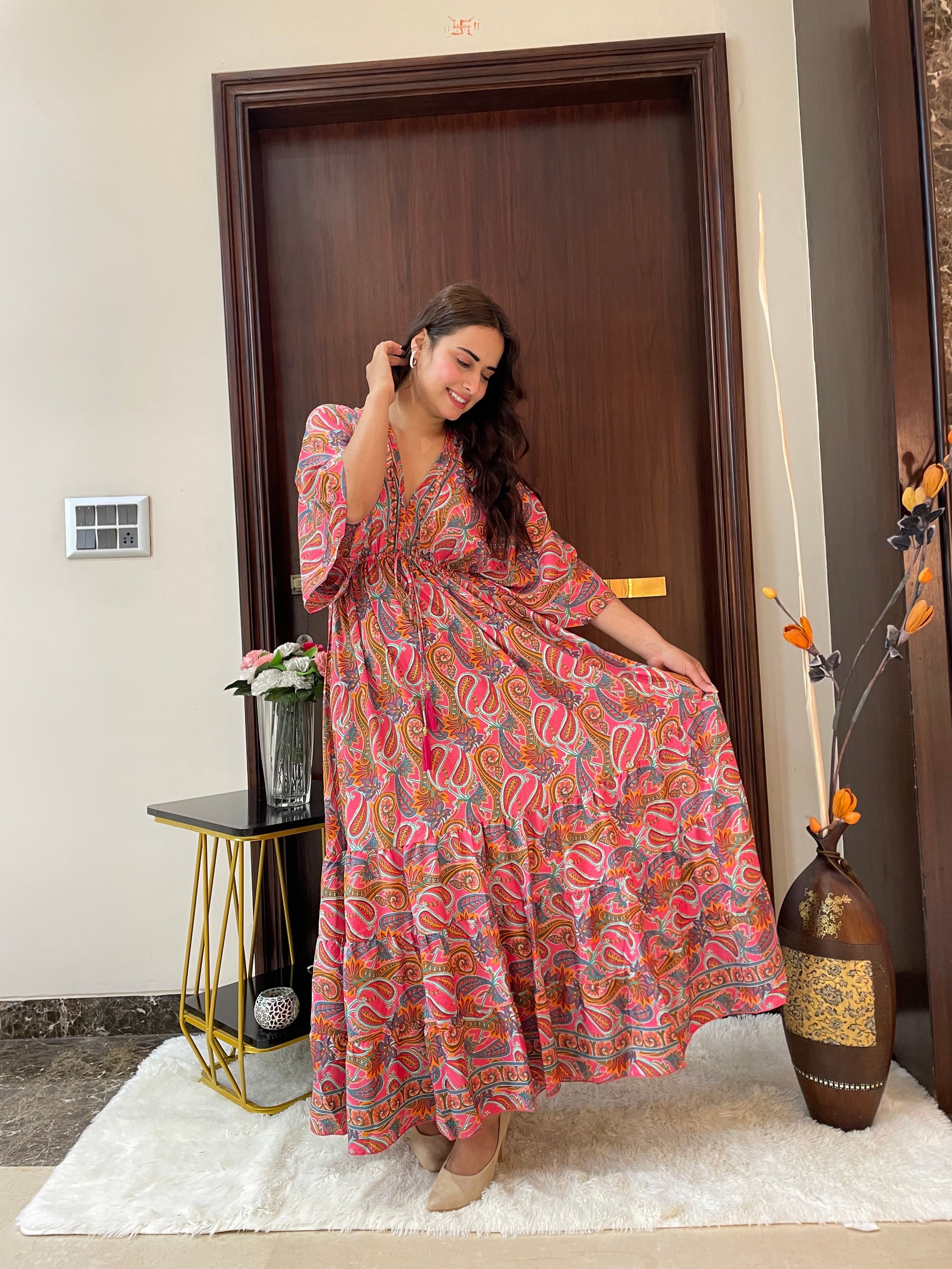 Kaftan pattern boho foil printed maxi dress in Sun-kissed Mirage