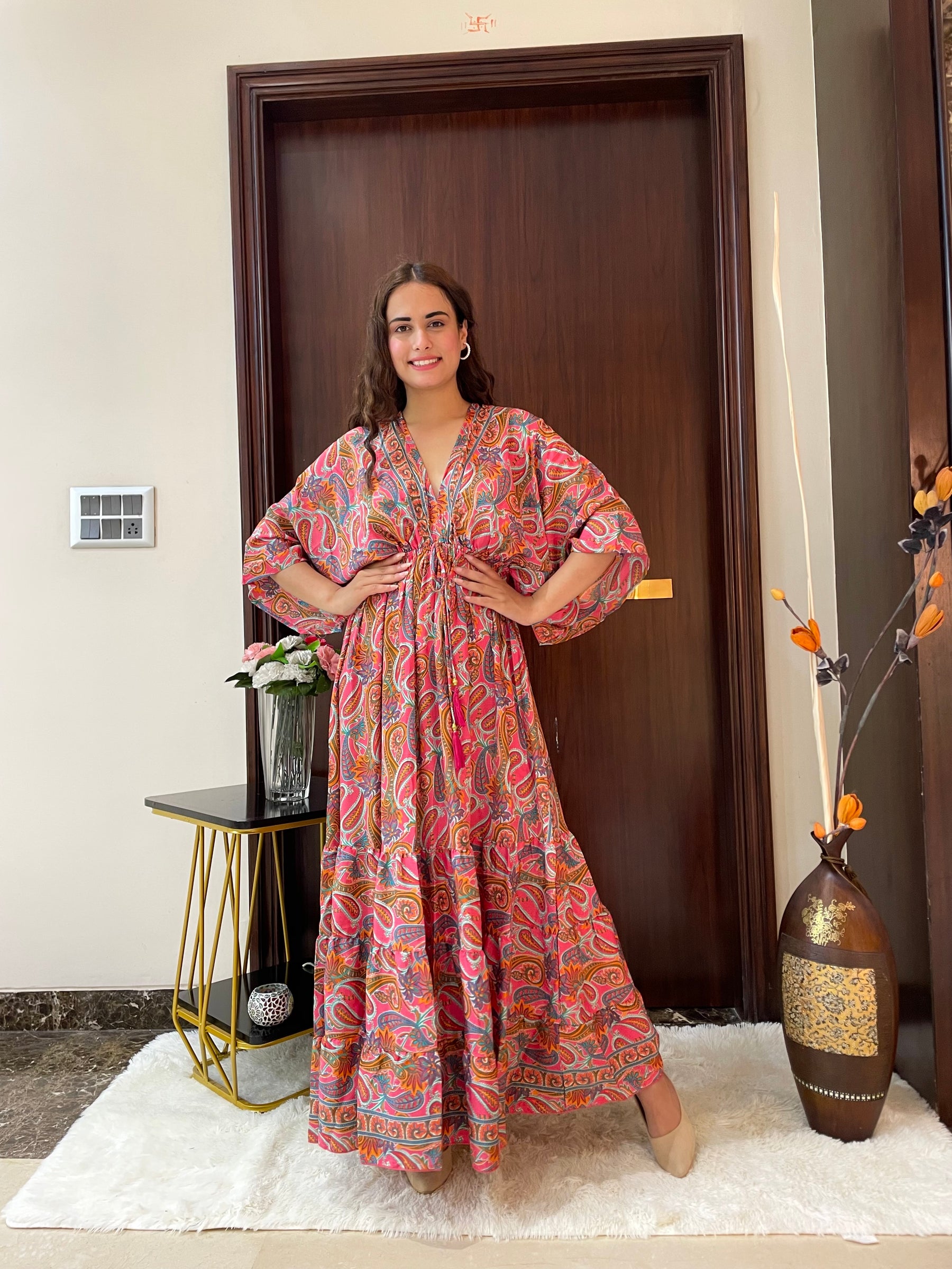 Kaftan pattern boho foil printed maxi dress in Sun-kissed Mirage