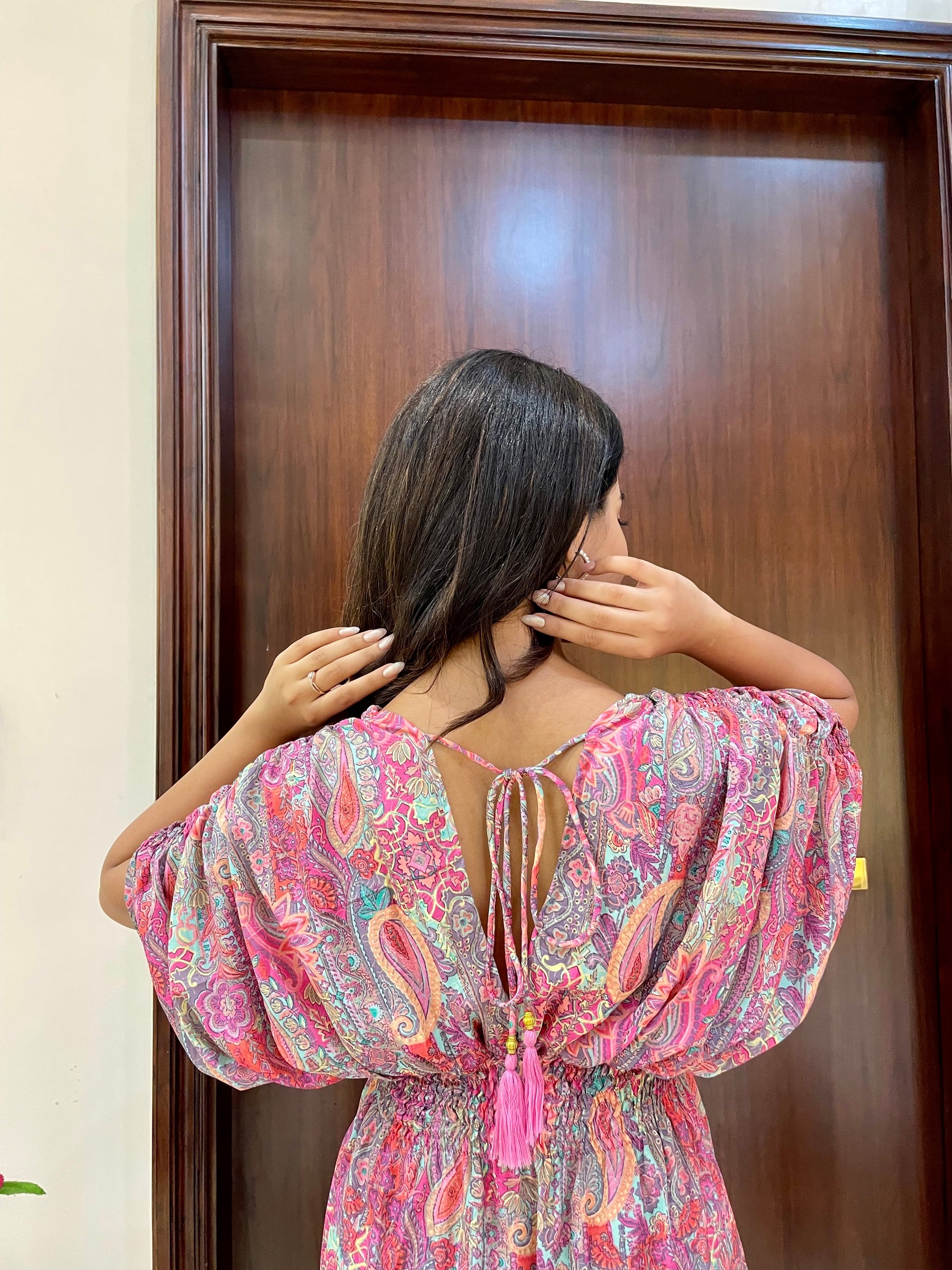 Balloon Pattern Boho Printed Maxi Dress - Pastel Pink