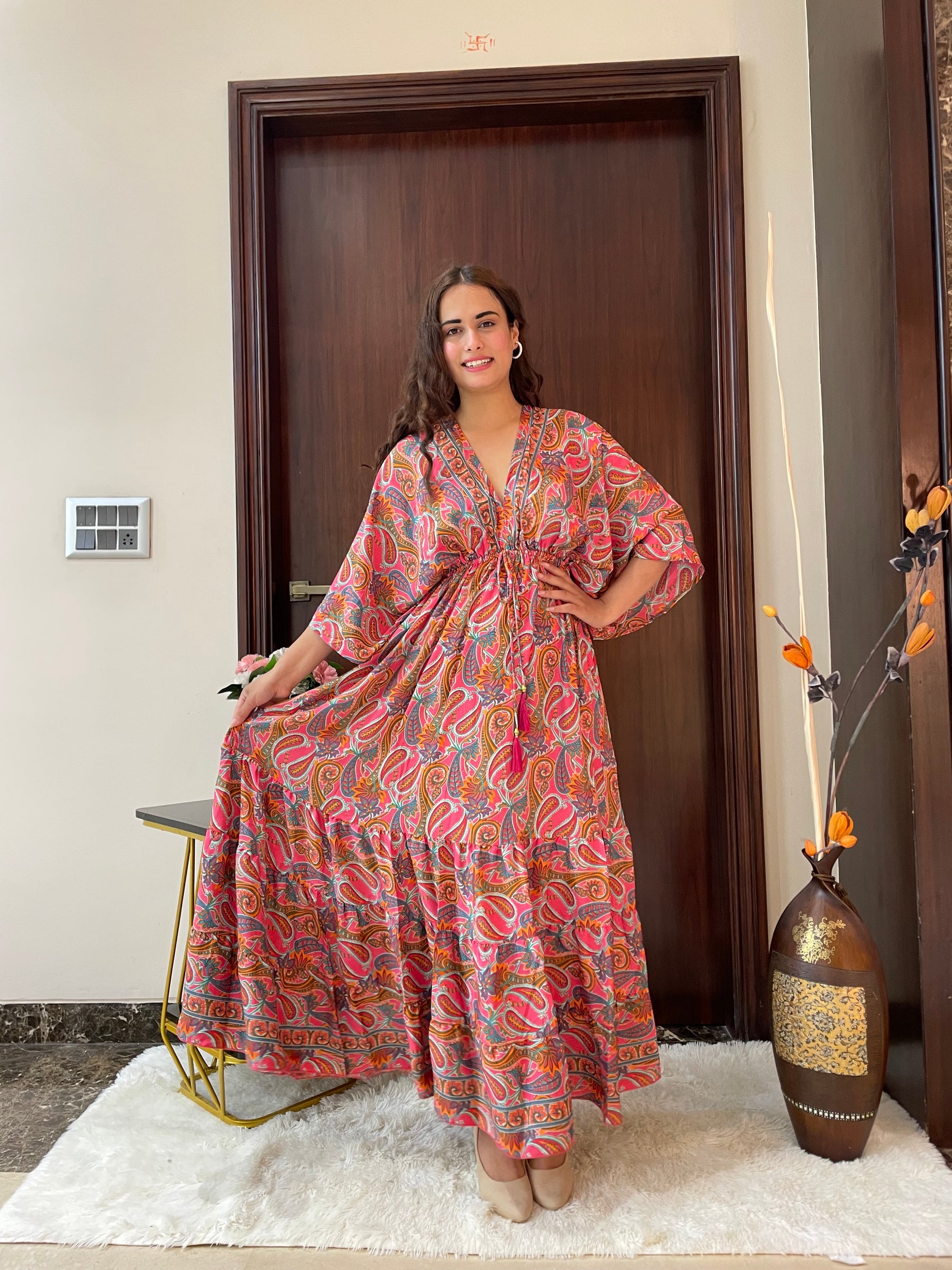 Kaftan pattern boho foil printed maxi dress in Sun-kissed Mirage