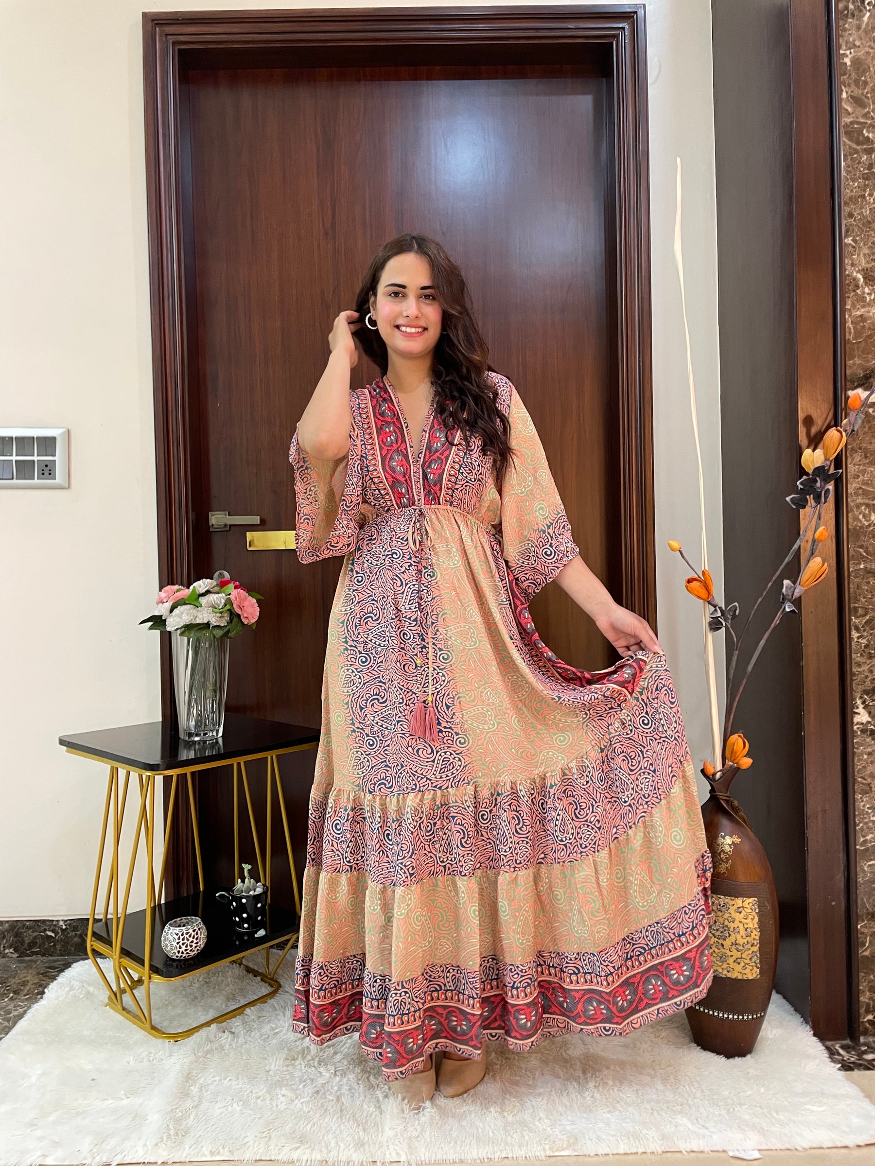 Kaftan pattern boho foil printed maxi dress Harvest Horizon