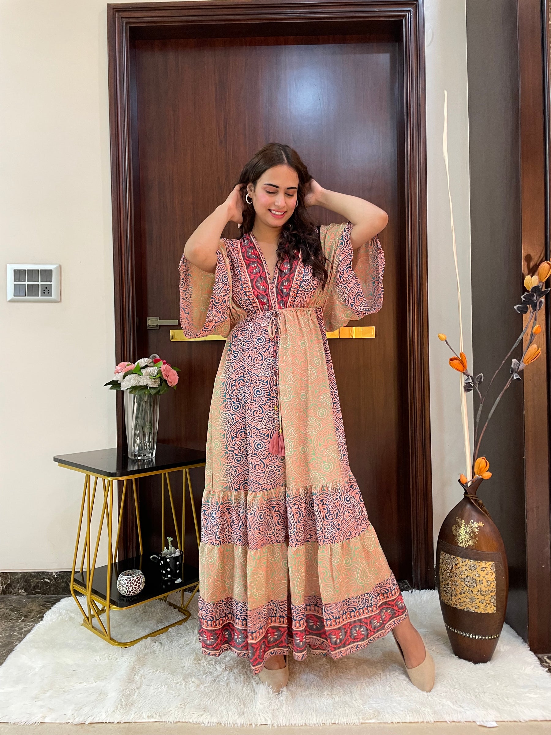 Kaftan pattern boho foil printed maxi dress Harvest Horizon