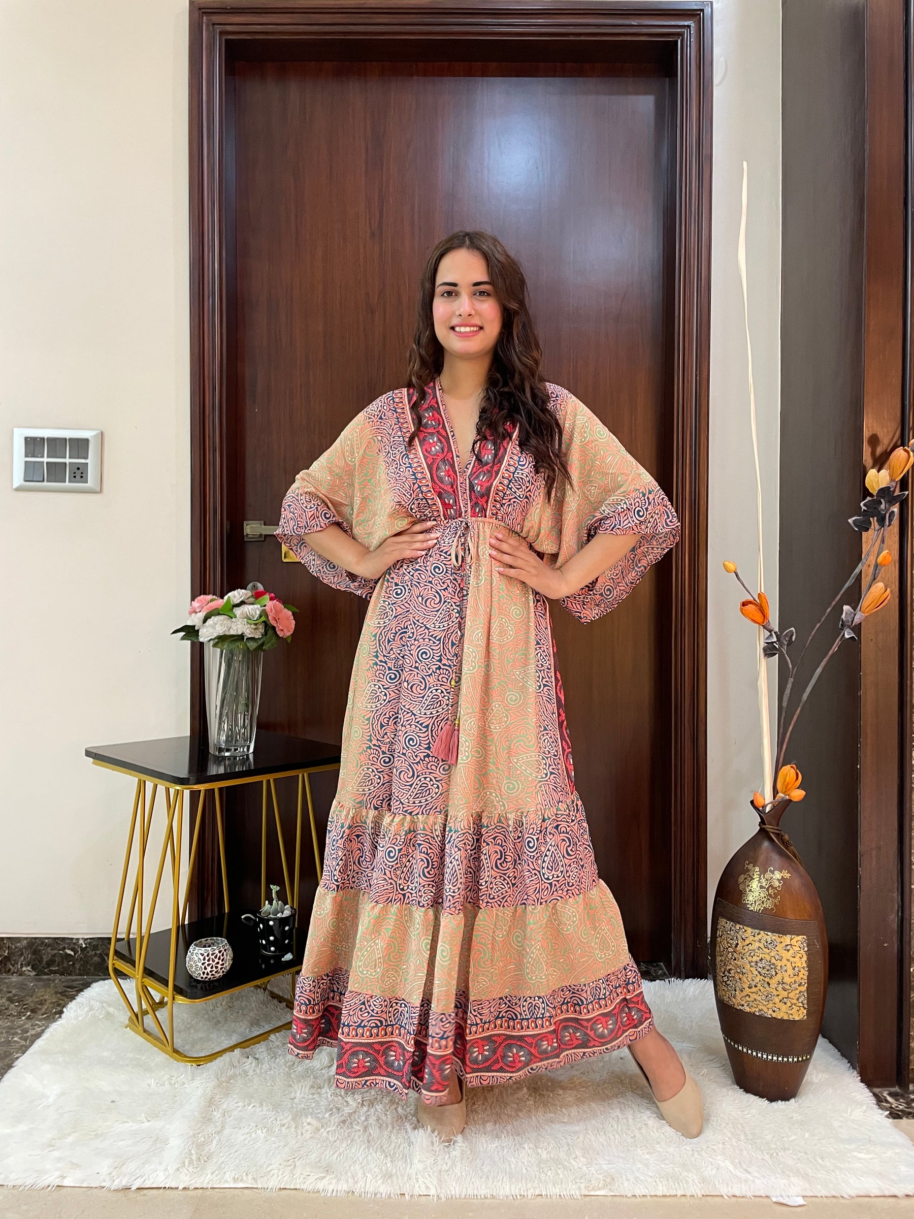 Kaftan pattern boho foil printed maxi dress Harvest Horizon