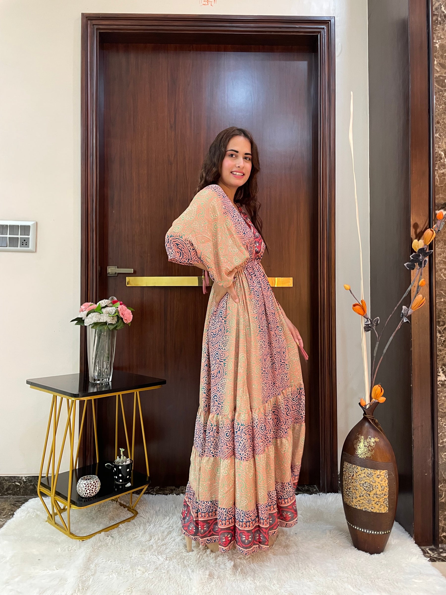Kaftan pattern boho foil printed maxi dress Harvest Horizon
