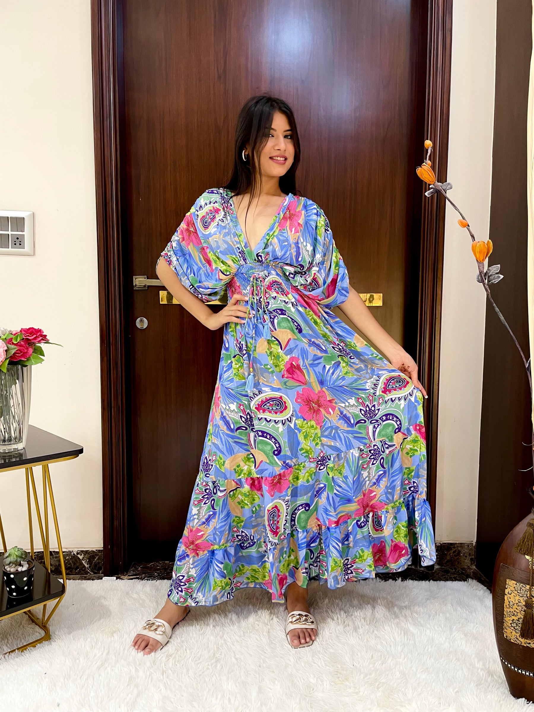 Balloon Pattern Boho Printed Maxi Dress - Azure Meadows
