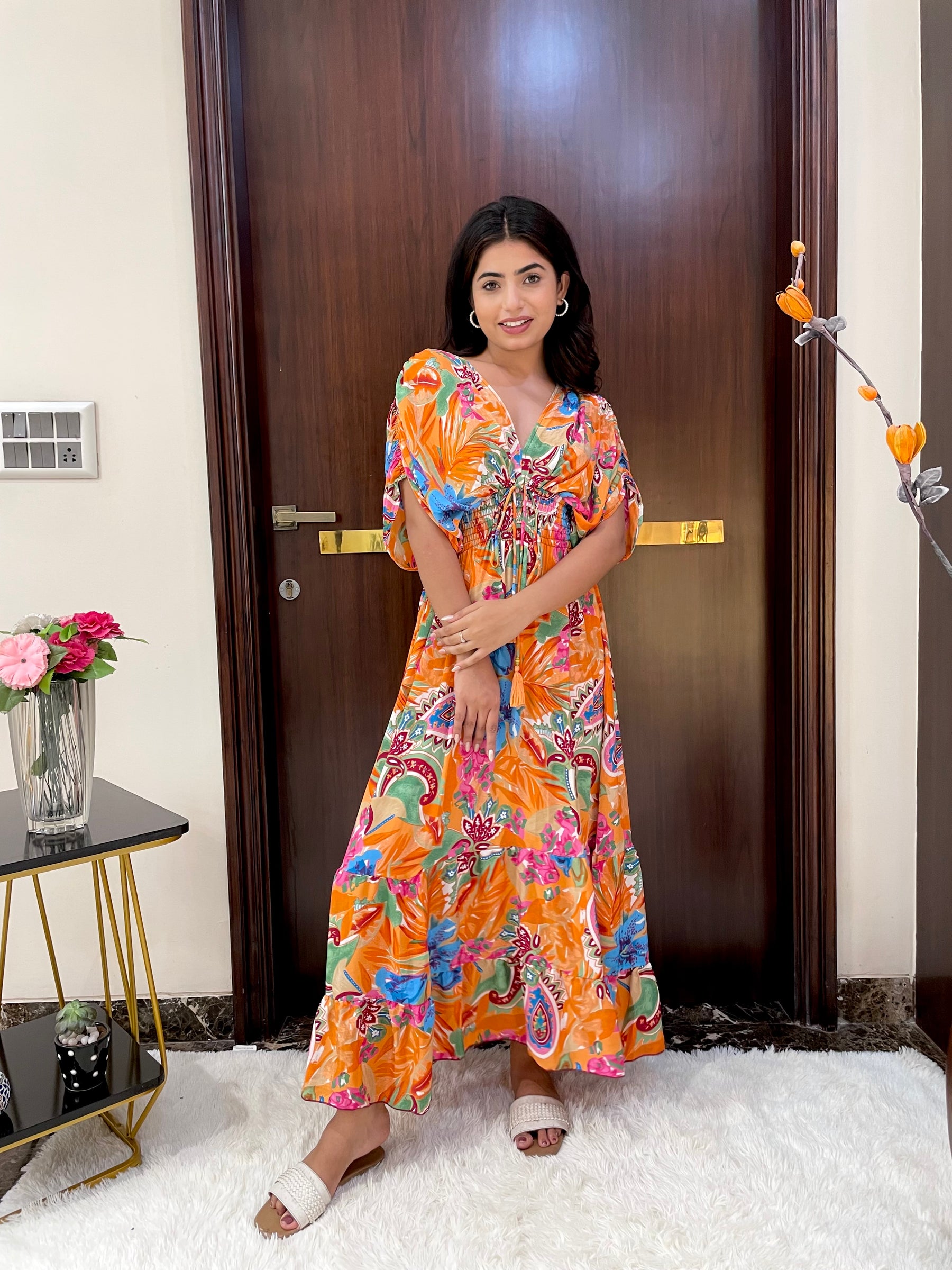 Balloon Pattern Boho Printed Maxi Dress - Sunset Orange