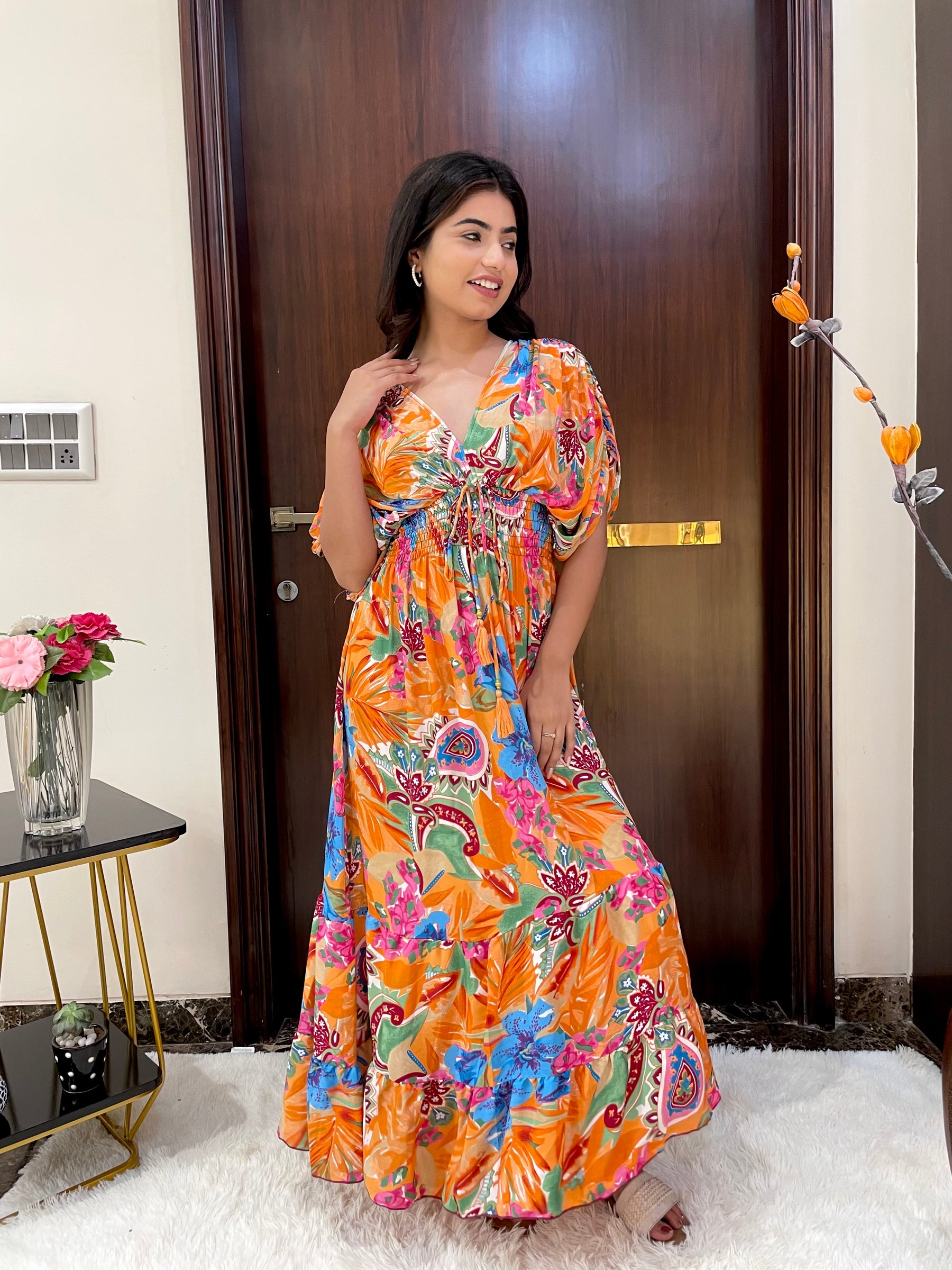 Balloon Pattern Boho Printed Maxi Dress - Sunset Orange