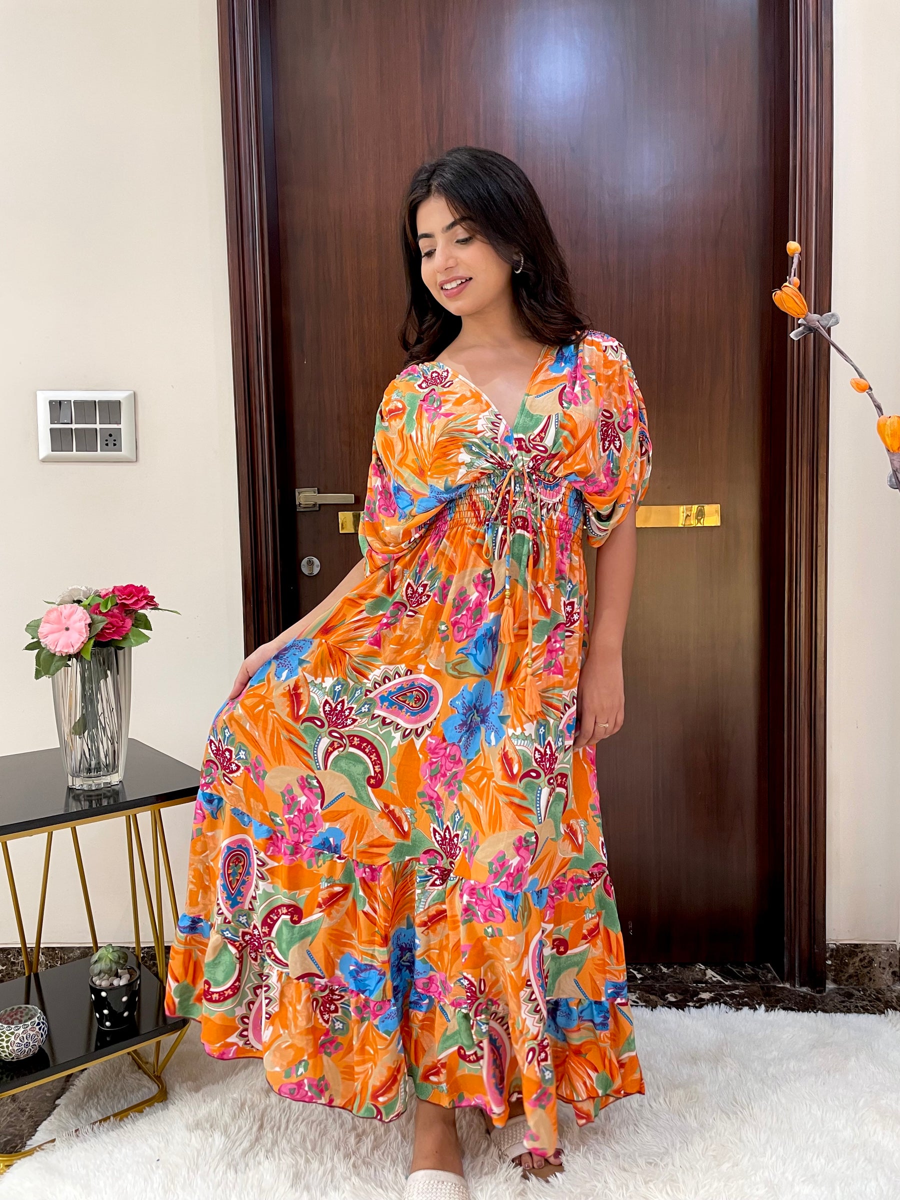 Balloon Pattern Boho Printed Maxi Dress - Sunset Orange