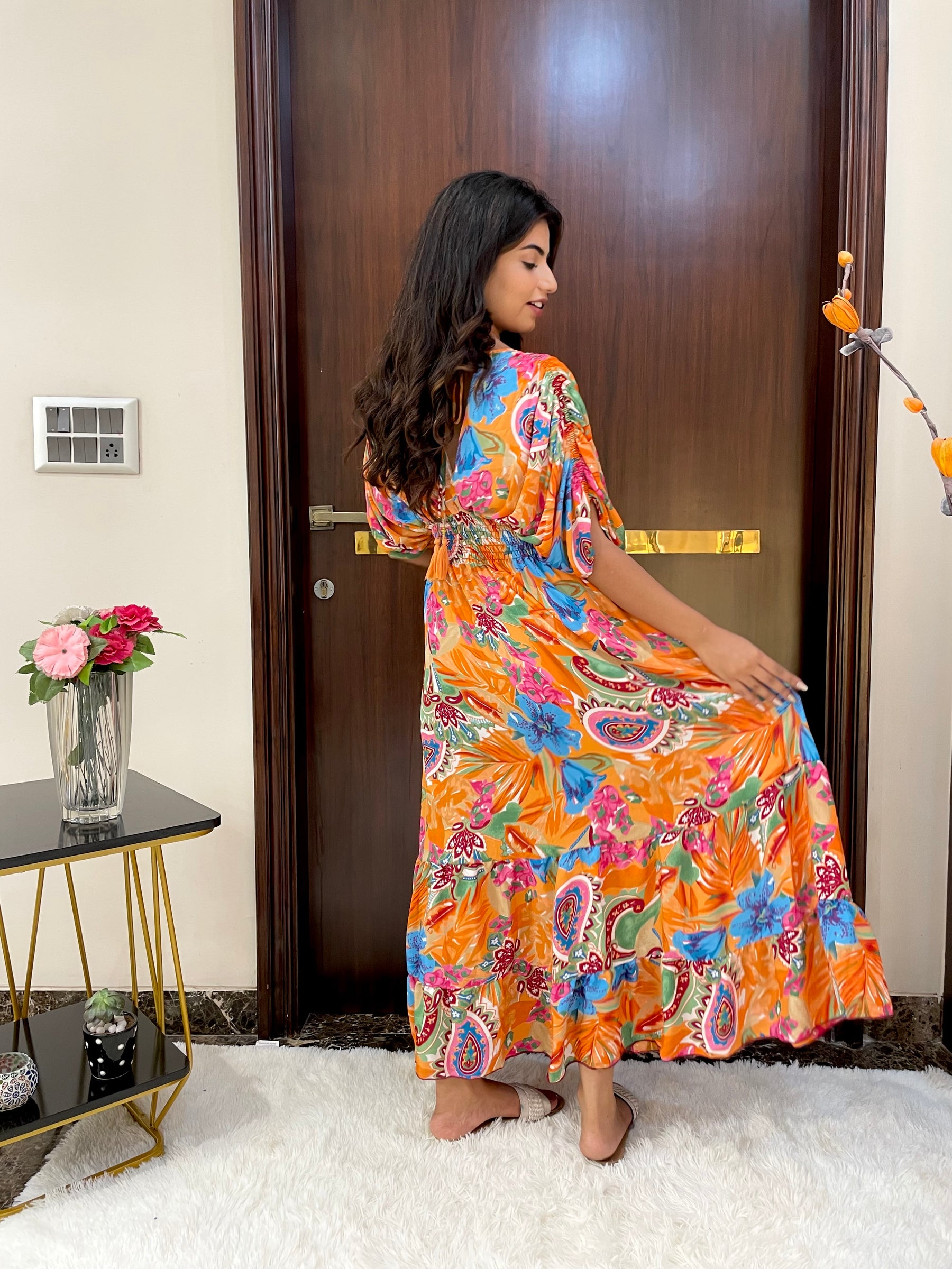 Balloon Pattern Boho Printed Maxi Dress - Sunset Orange