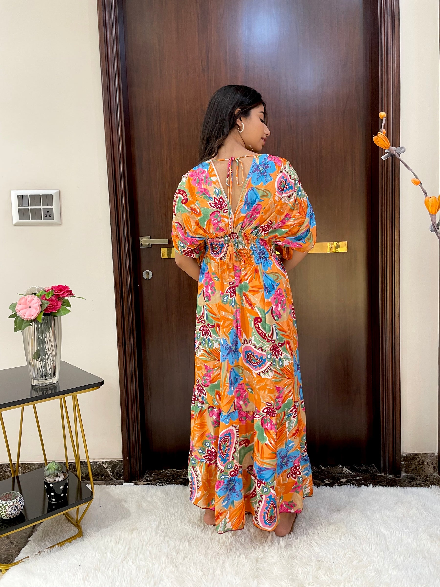 Balloon Pattern Boho Printed Maxi Dress - Sunset Orange