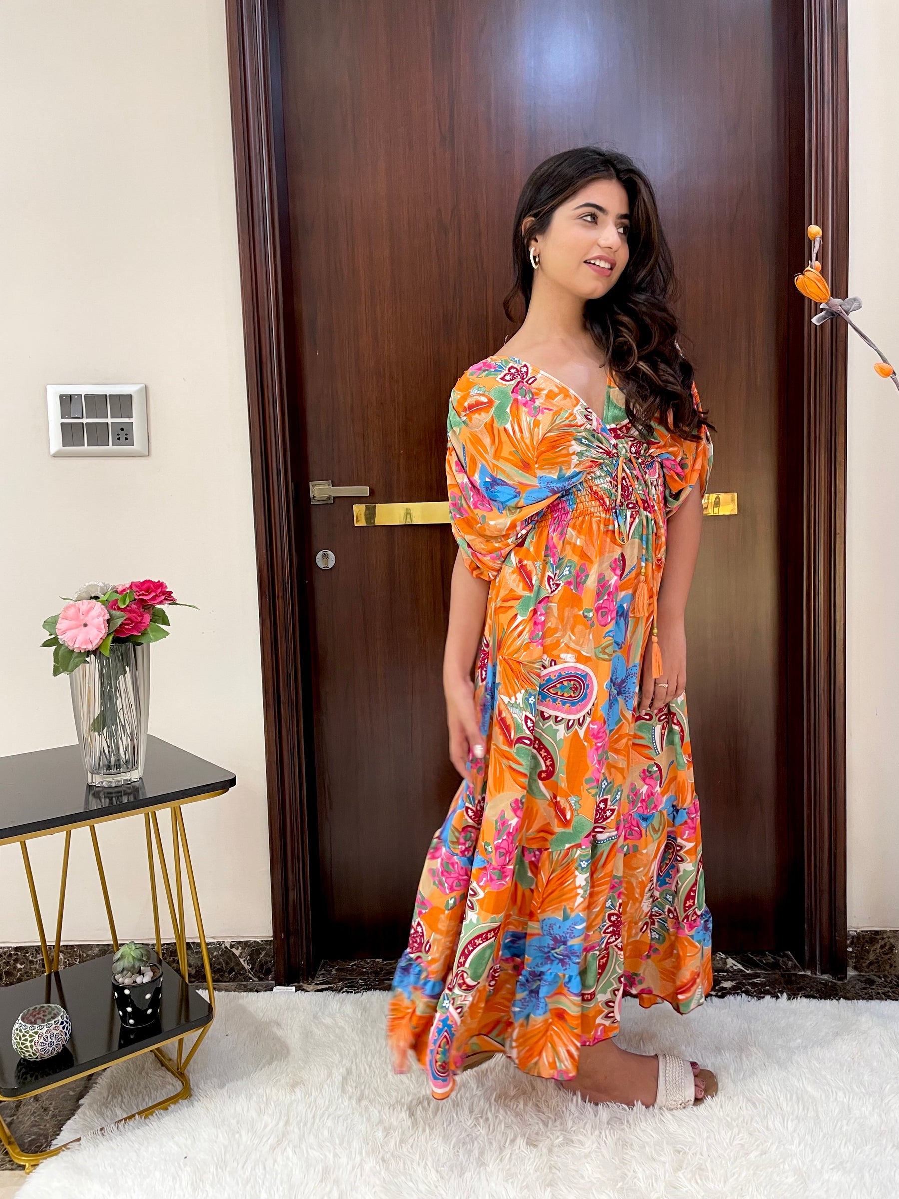 Balloon Pattern Boho Printed Maxi Dress - Sunset Orange