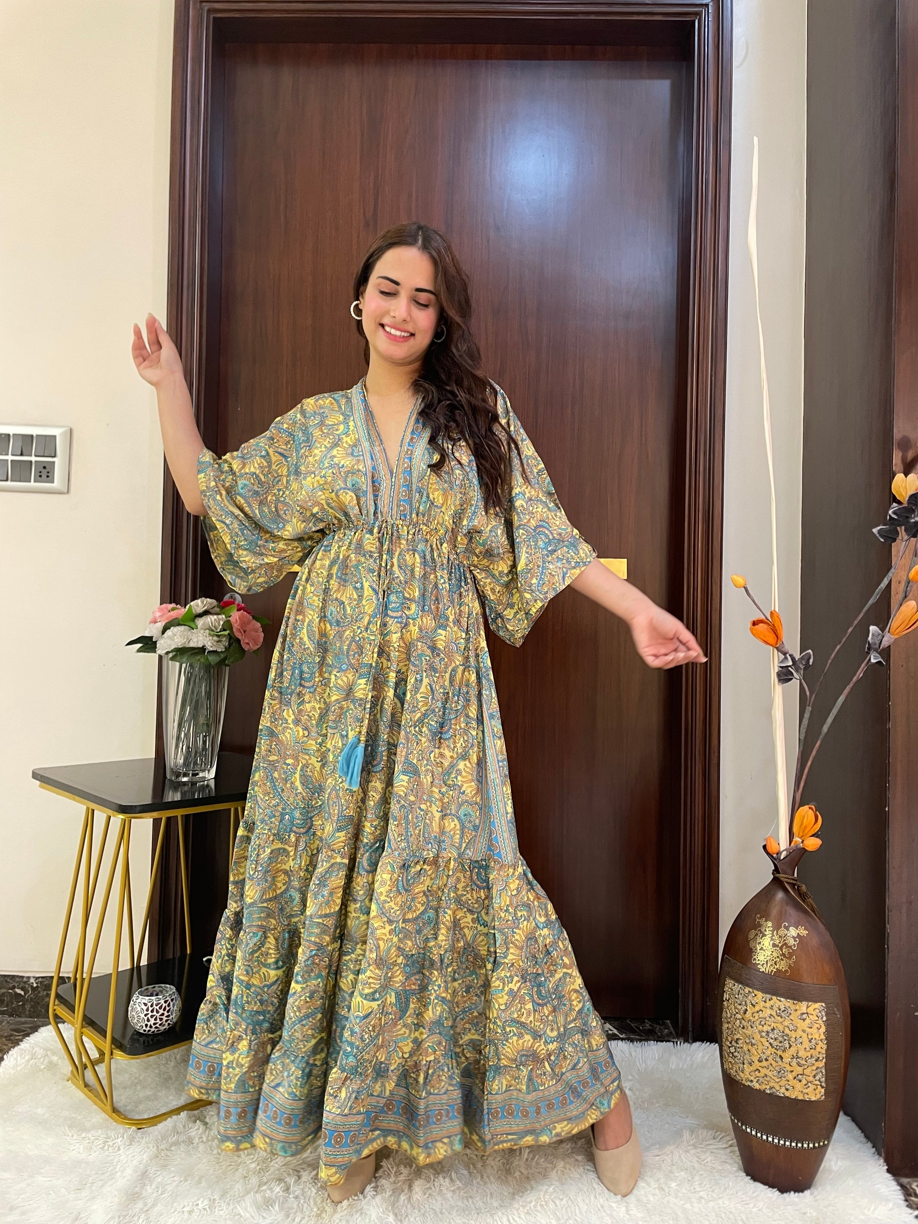 Kaftan pattern boho foil printed maxi dress in Yellow
