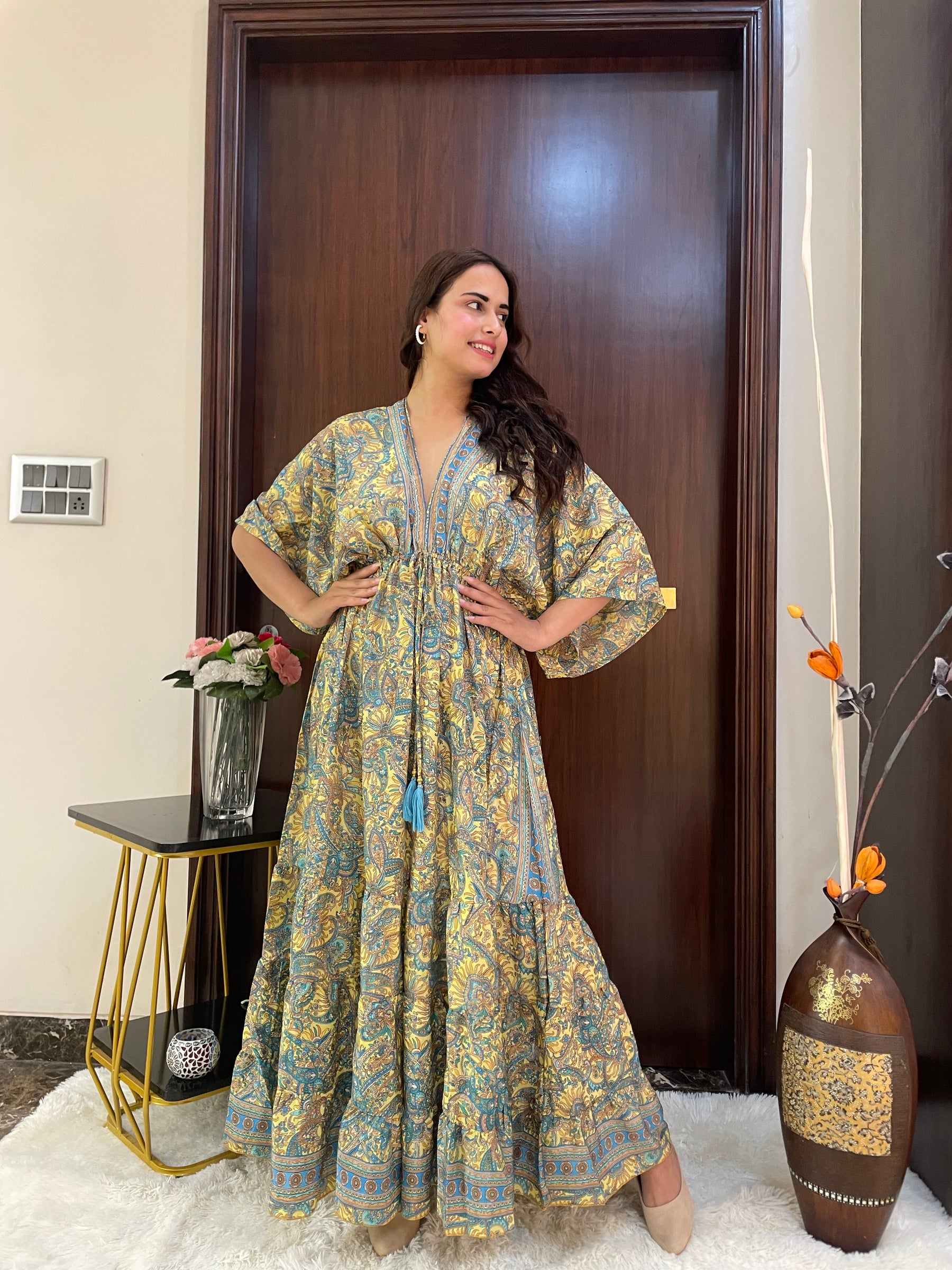 Kaftan pattern boho foil printed maxi dress in Yellow