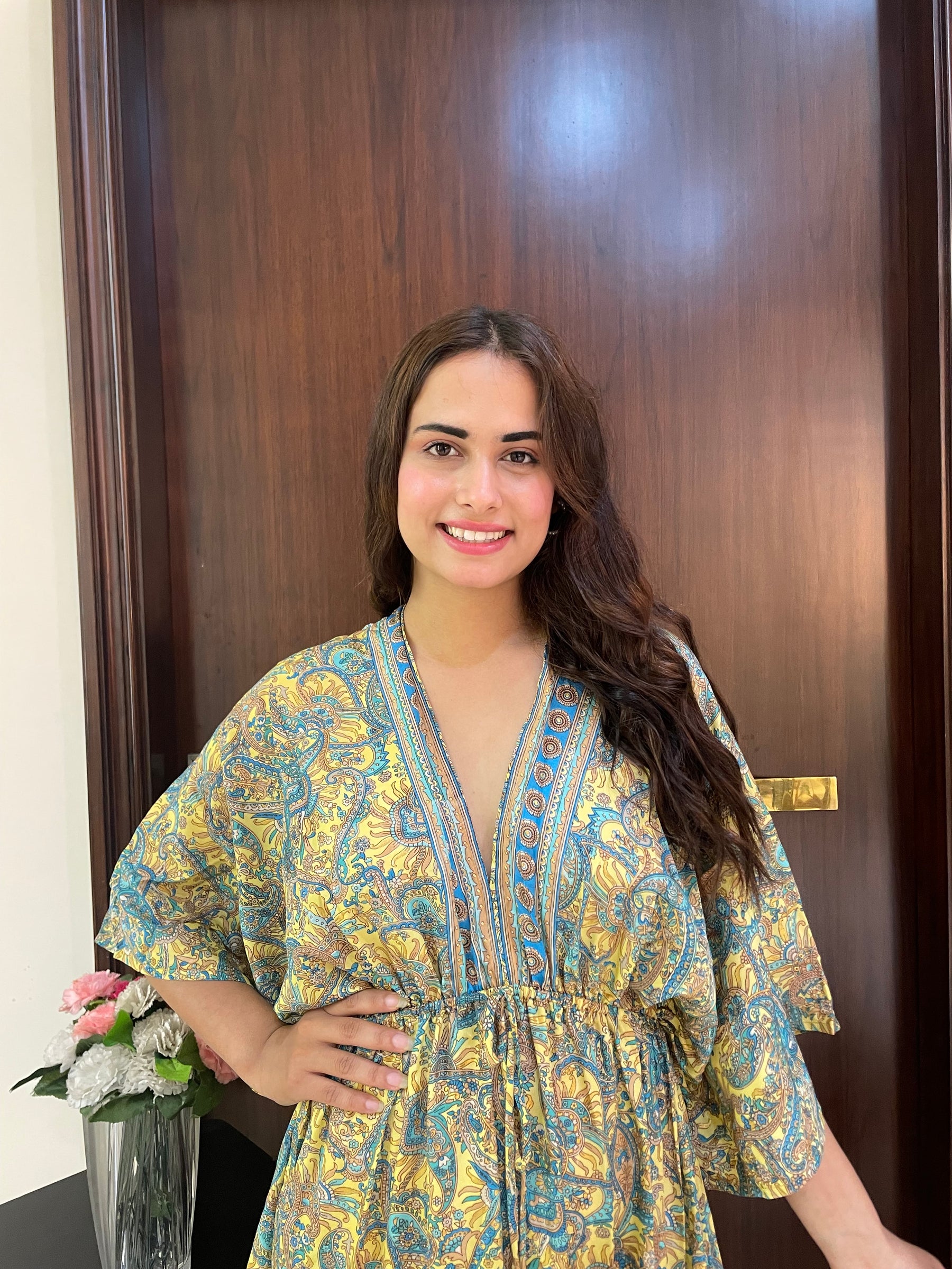 Kaftan pattern boho foil printed maxi dress in Yellow