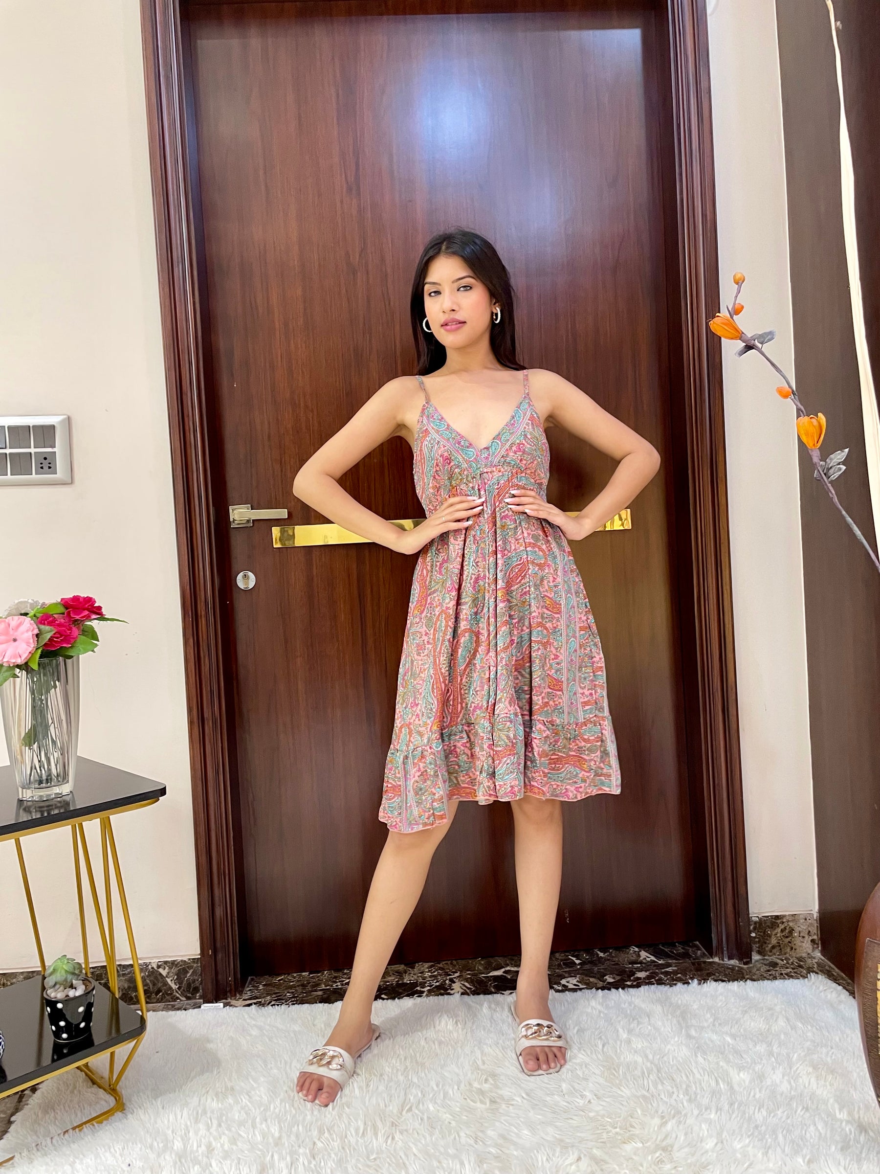 Ruffle Hem Boho Printed Short Dress in Blushing Boho