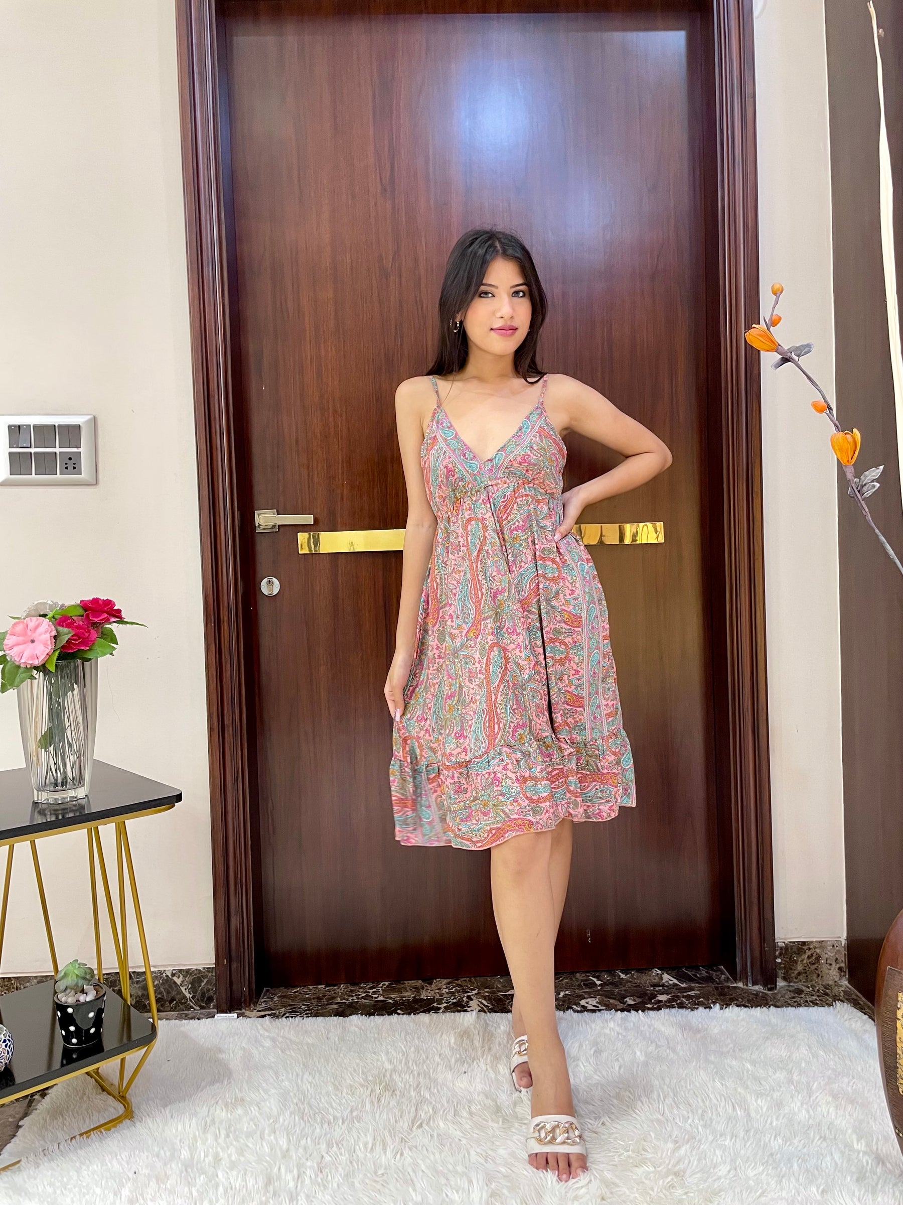 Ruffle Hem Boho Printed Short Dress in Blushing Boho