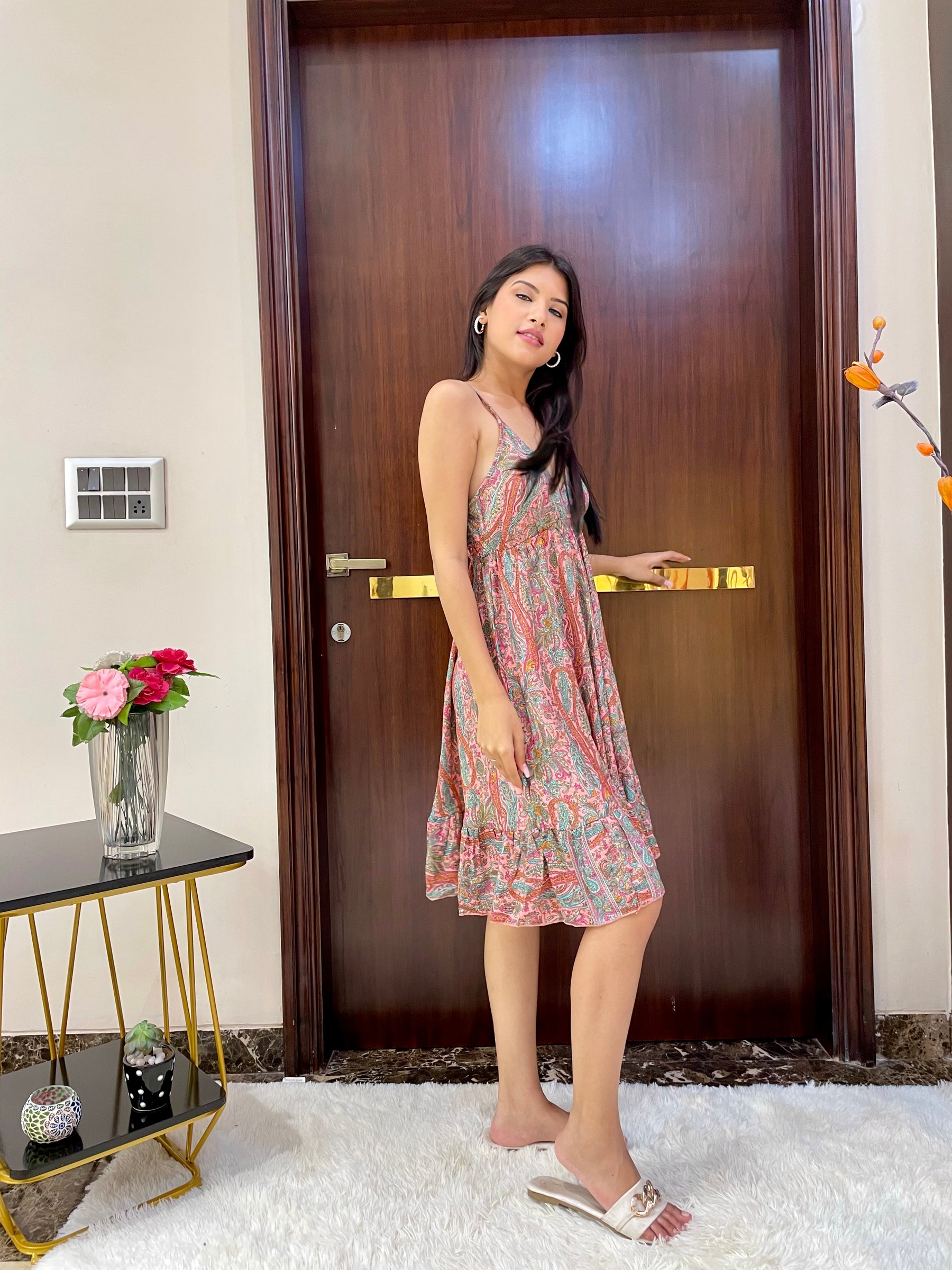 Ruffle Hem Boho Printed Short Dress in Blushing Boho