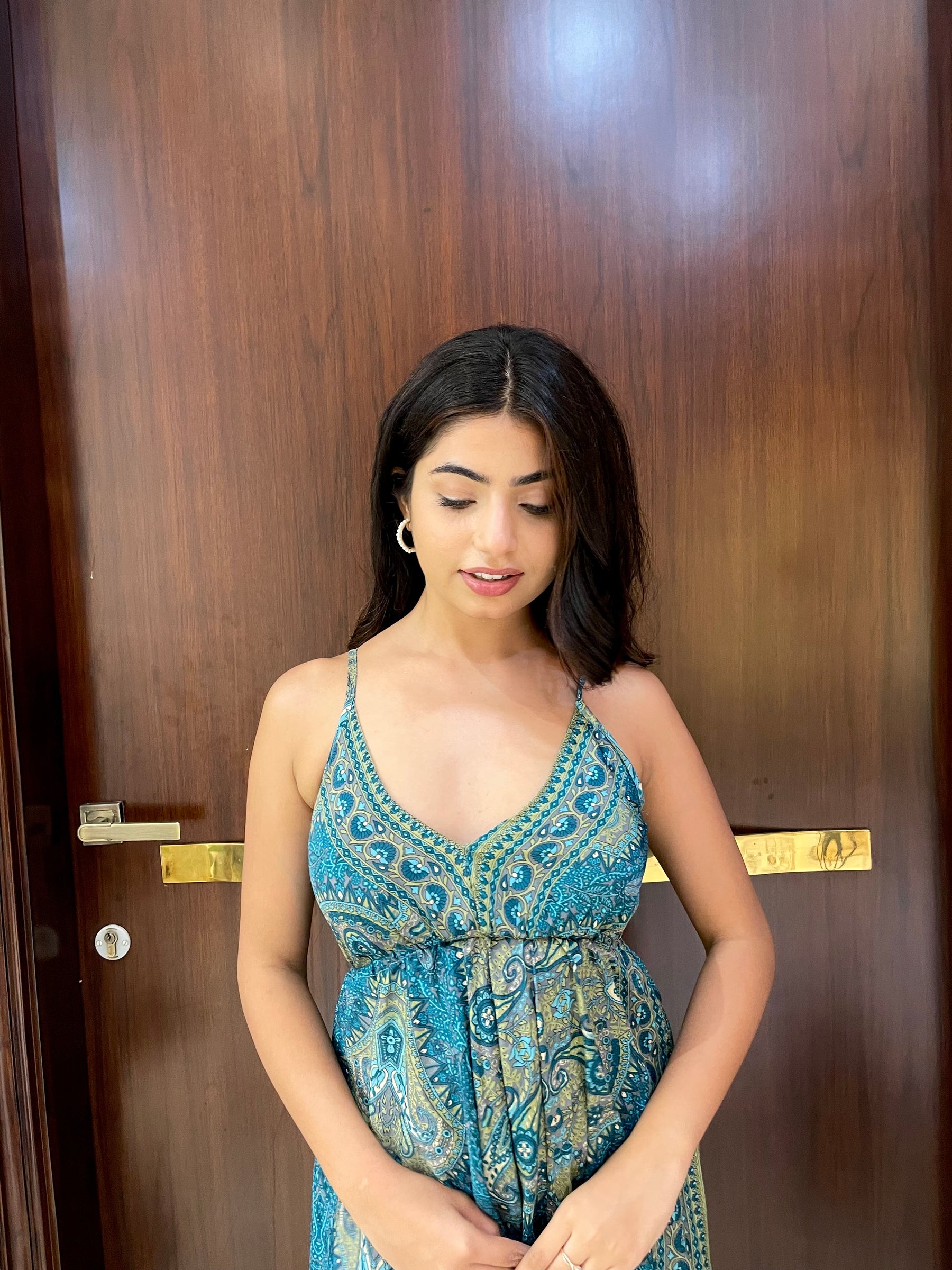 Ruffle Hem Boho Printed Short Dress in Teal Temptation