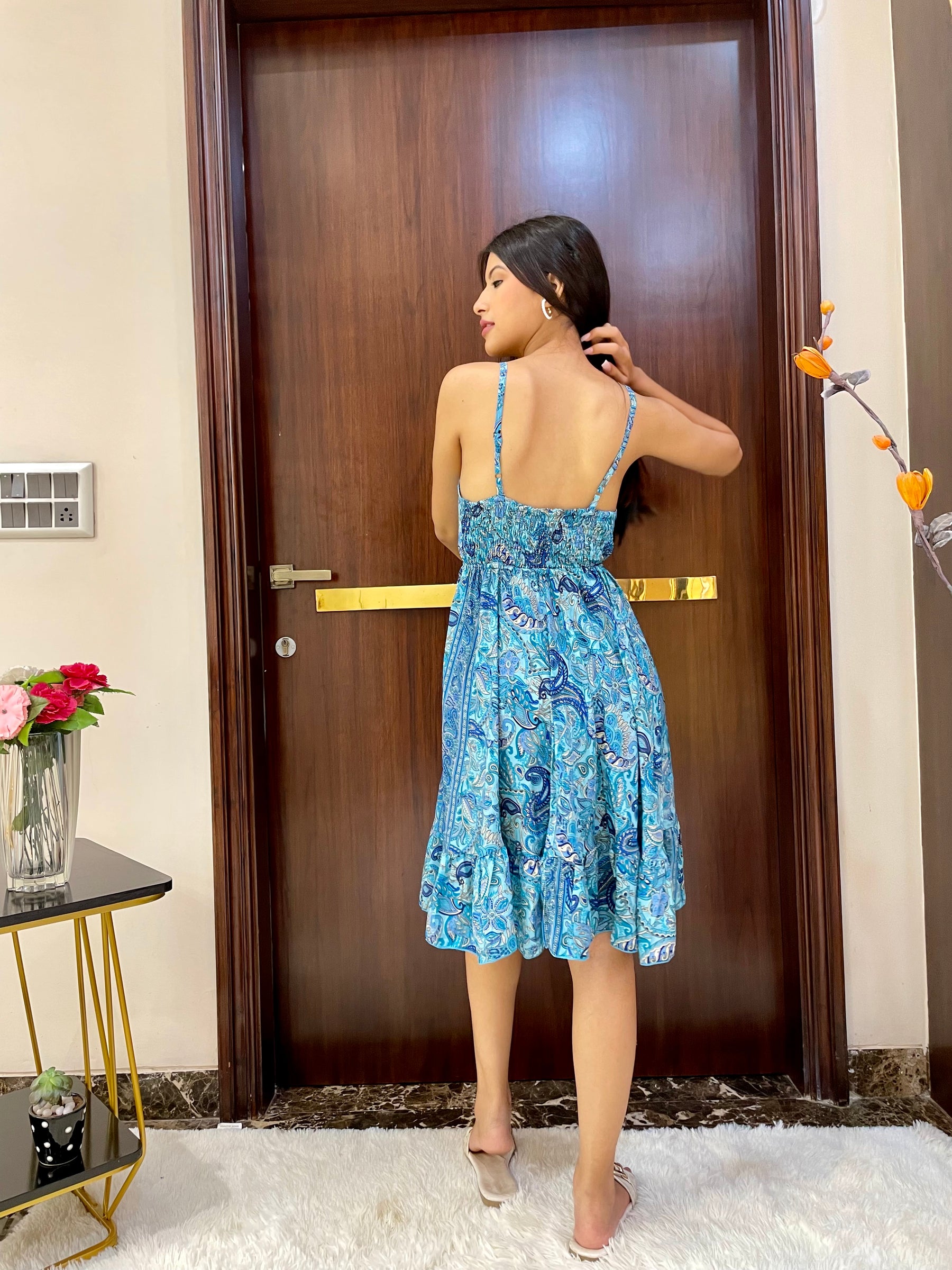 Ruffle Hem Boho Printed Short Dress - Blue Lagoon