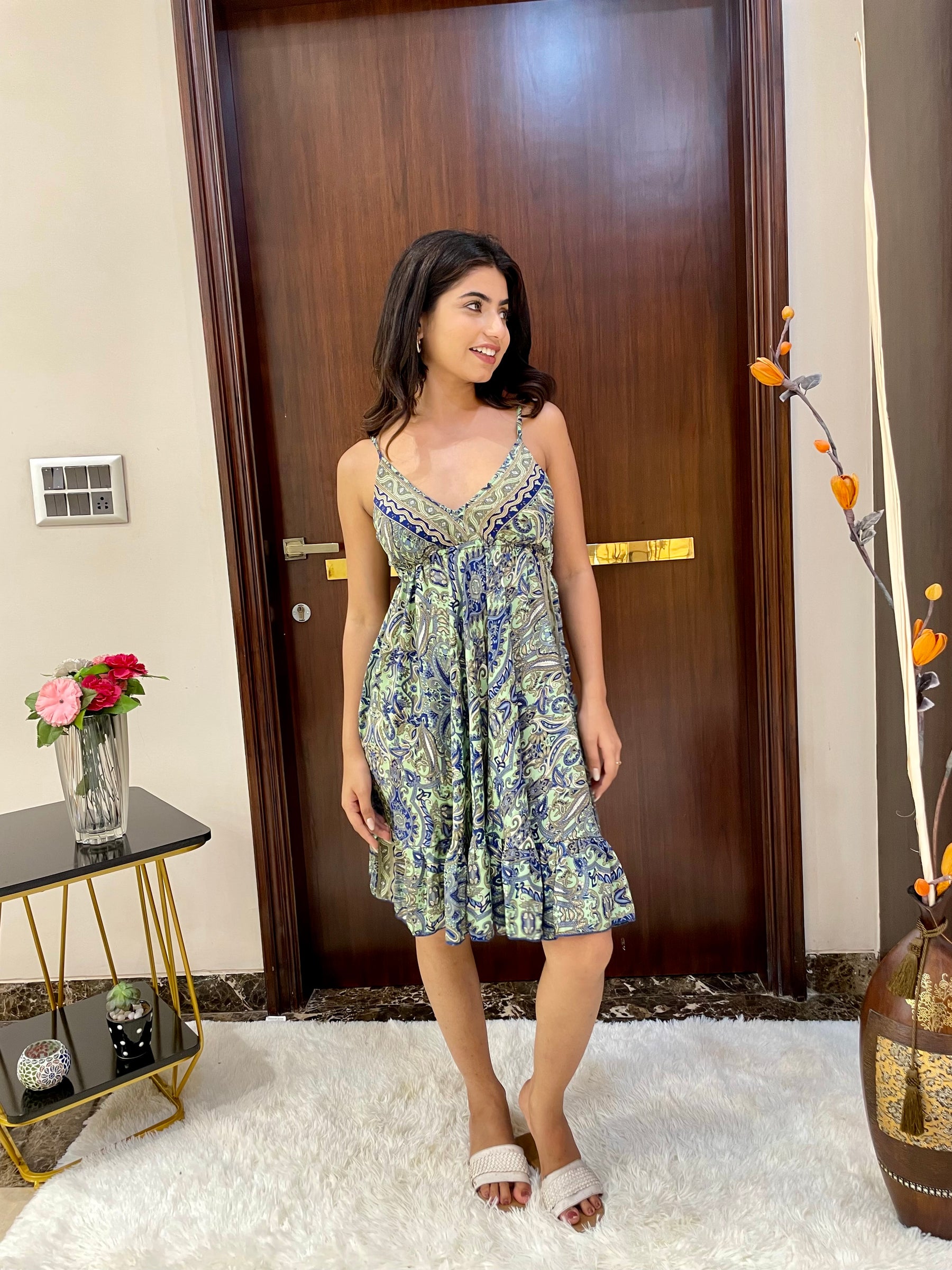 Ruffle Hem Boho Printed Short Dress - Soft Mint