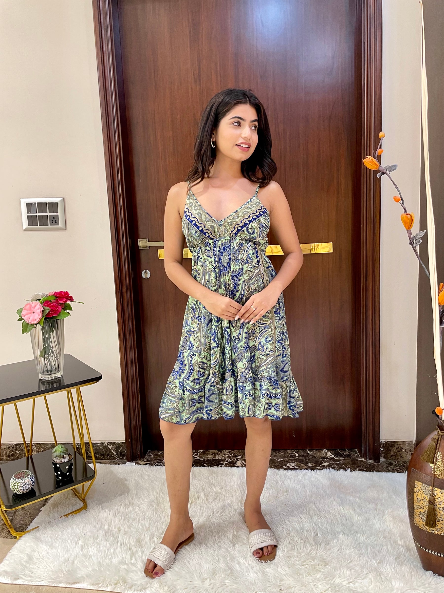 Ruffle Hem Boho Printed Short Dress - Soft Mint