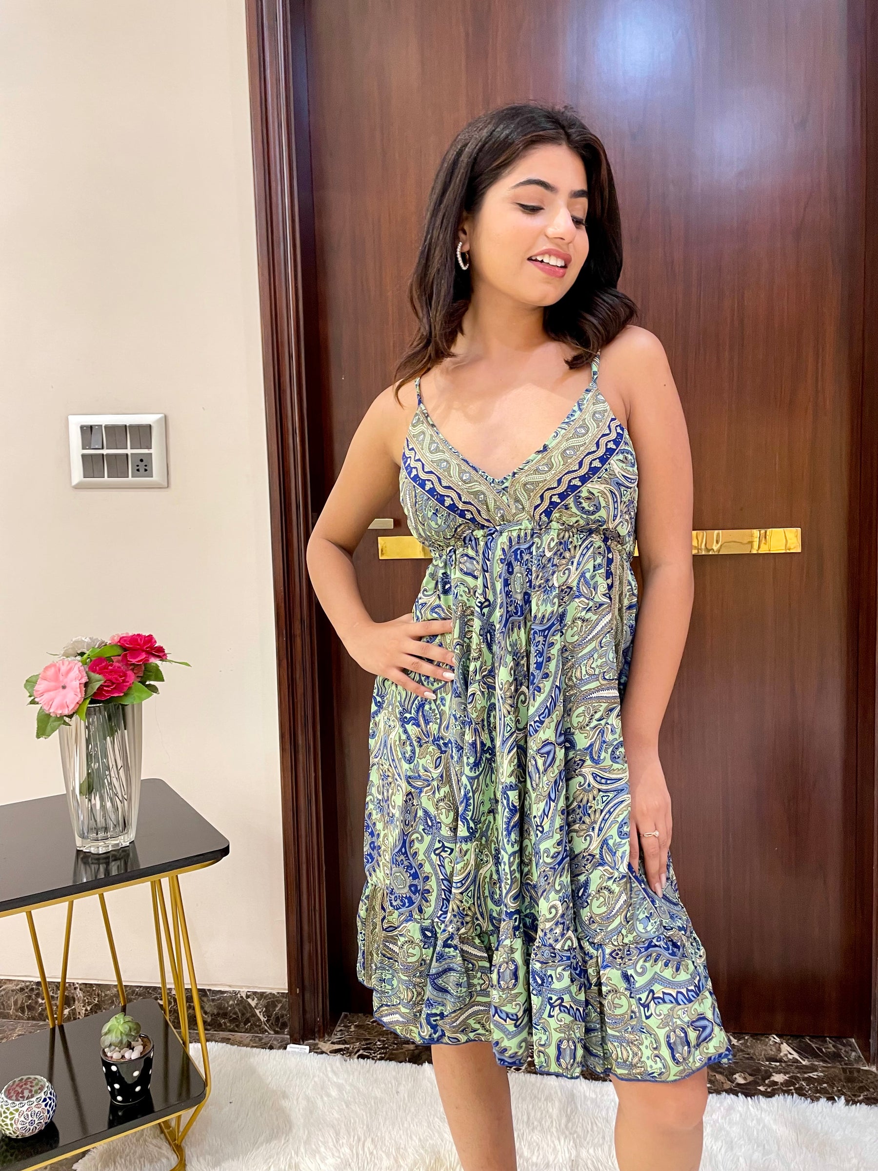 Ruffle Hem Boho Printed Short Dress - Soft Mint