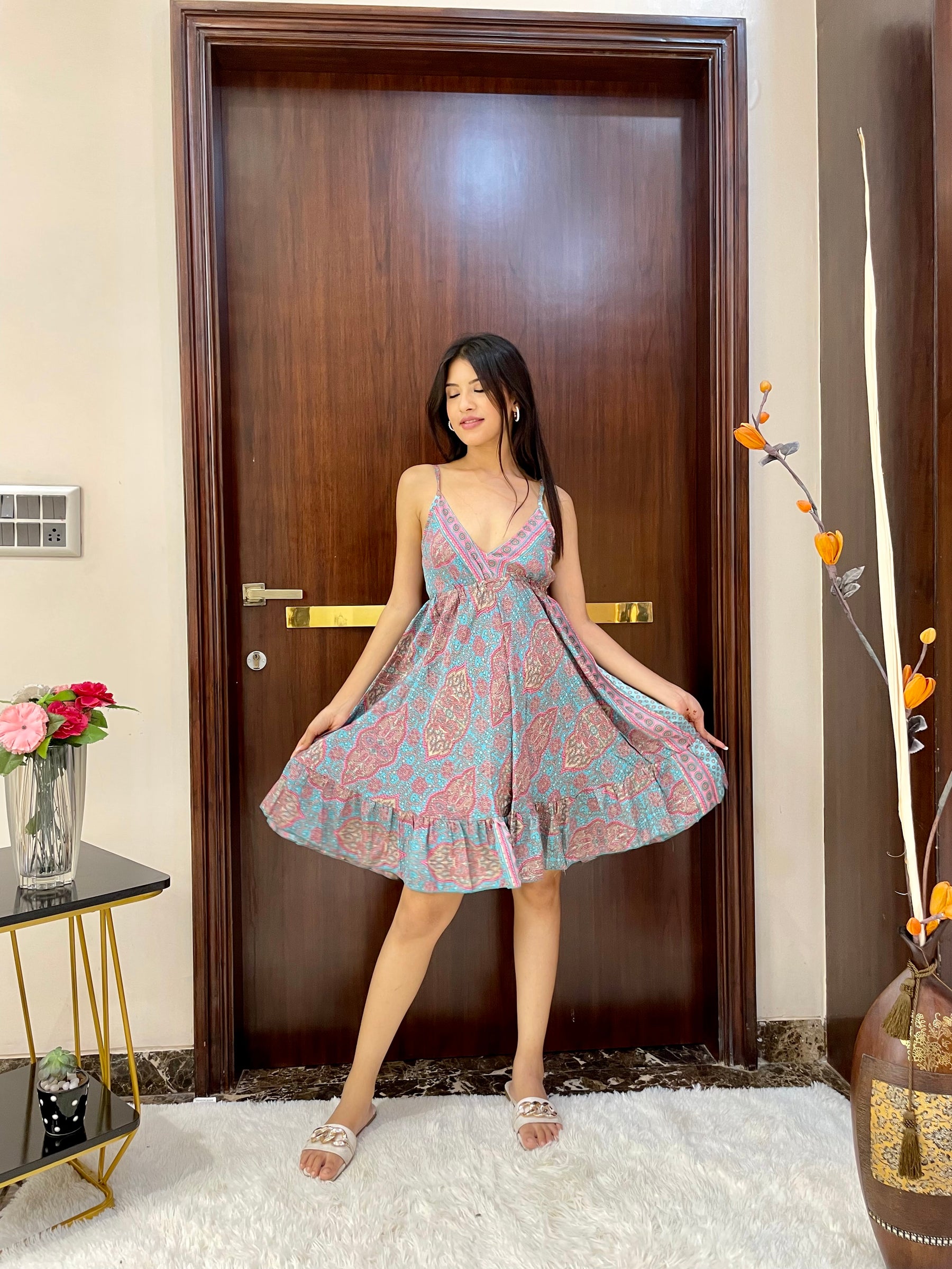 Ruffle Hem Boho Printed Short Dress - Sea Mist